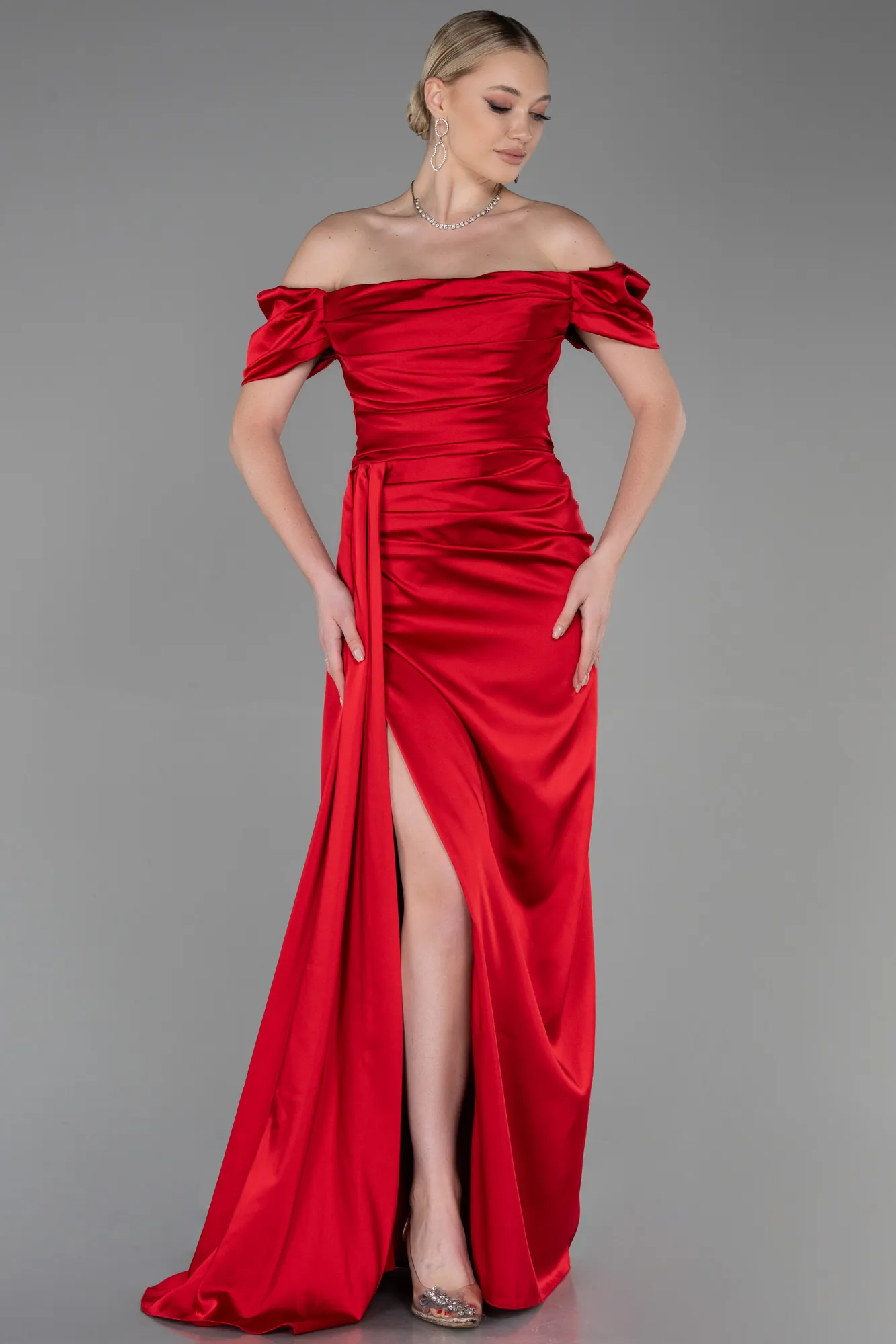 Red-Long Satin Engagement Dress ABU1606