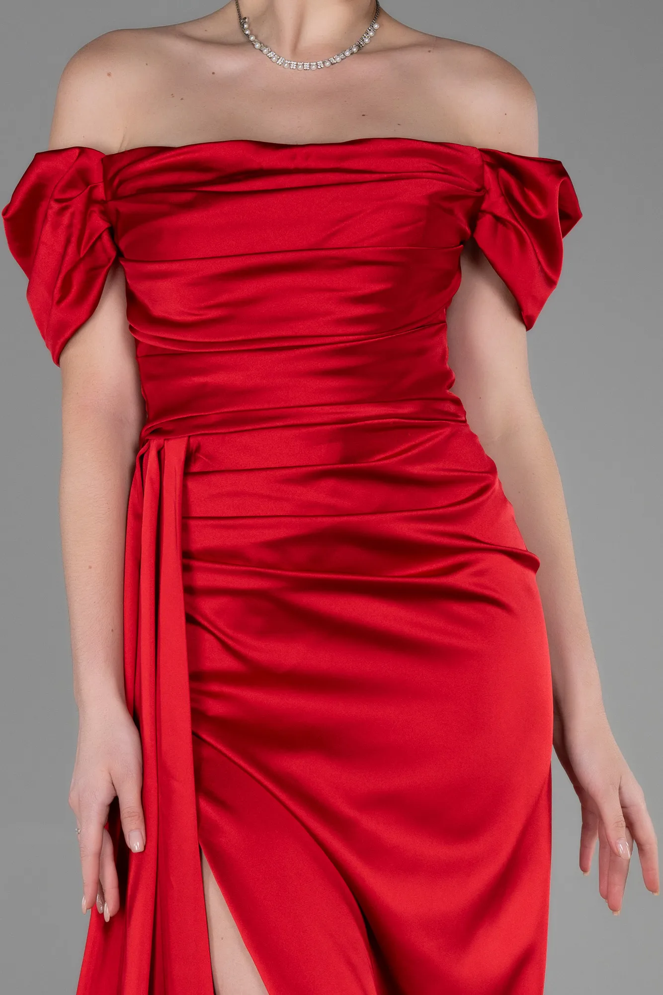 Red-Long Satin Engagement Dress ABU1606