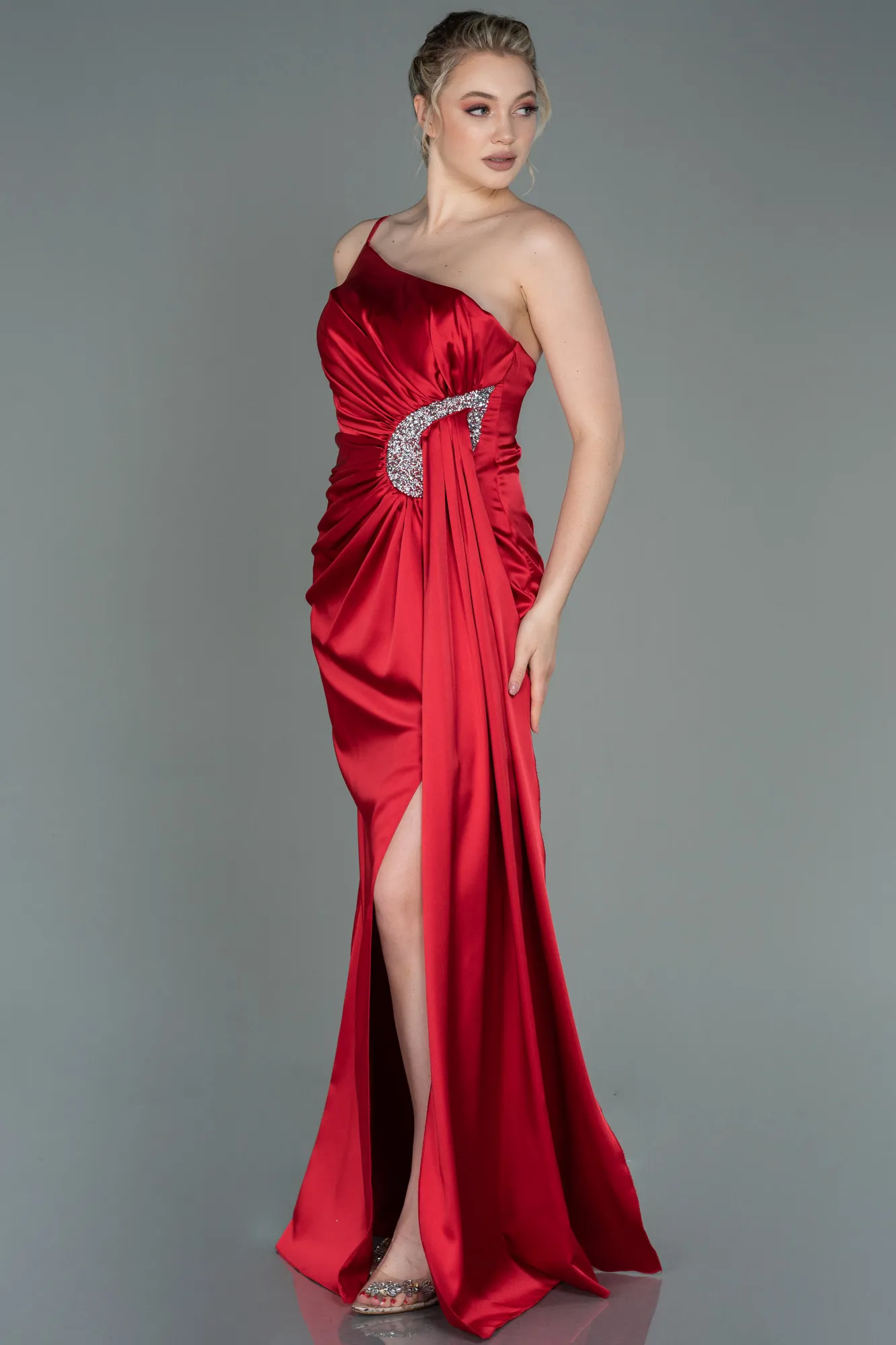 Red-Long Satin Engagement Dress ABU3088