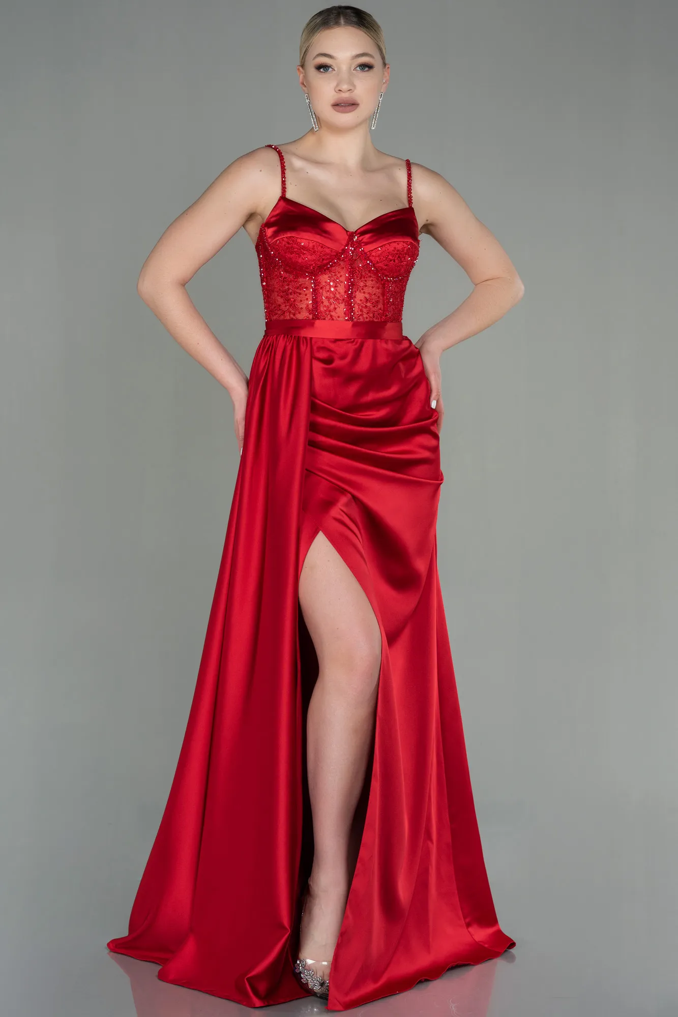 Red-Long Satin Evening Dress ABU2130