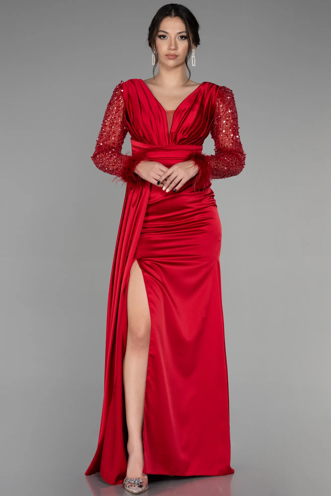 Red-Long Satin Evening Dress ABU3080