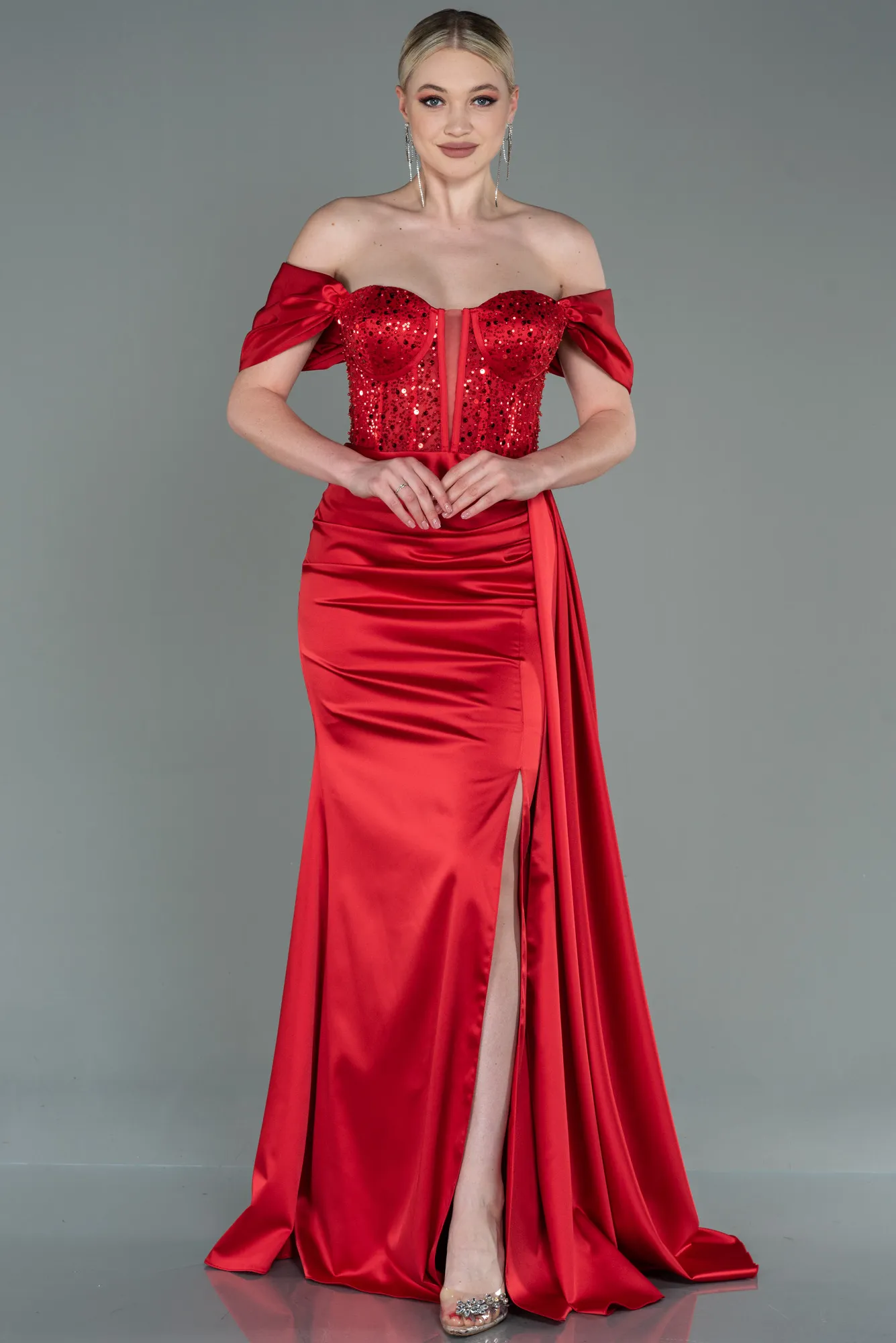 Red-Long Satin Evening Dress ABU3100