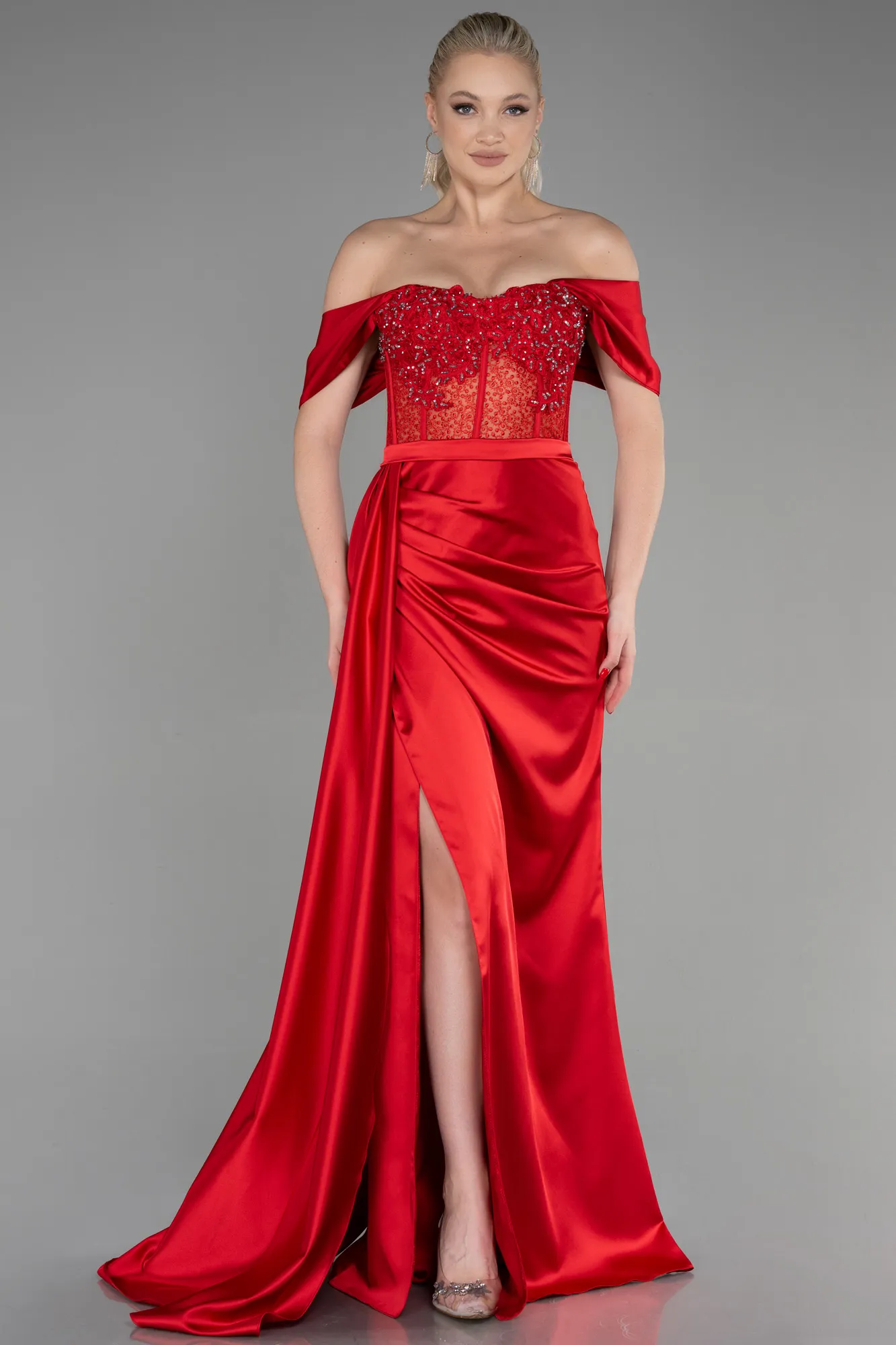 Red-Long Satin Evening Dress ABU3446