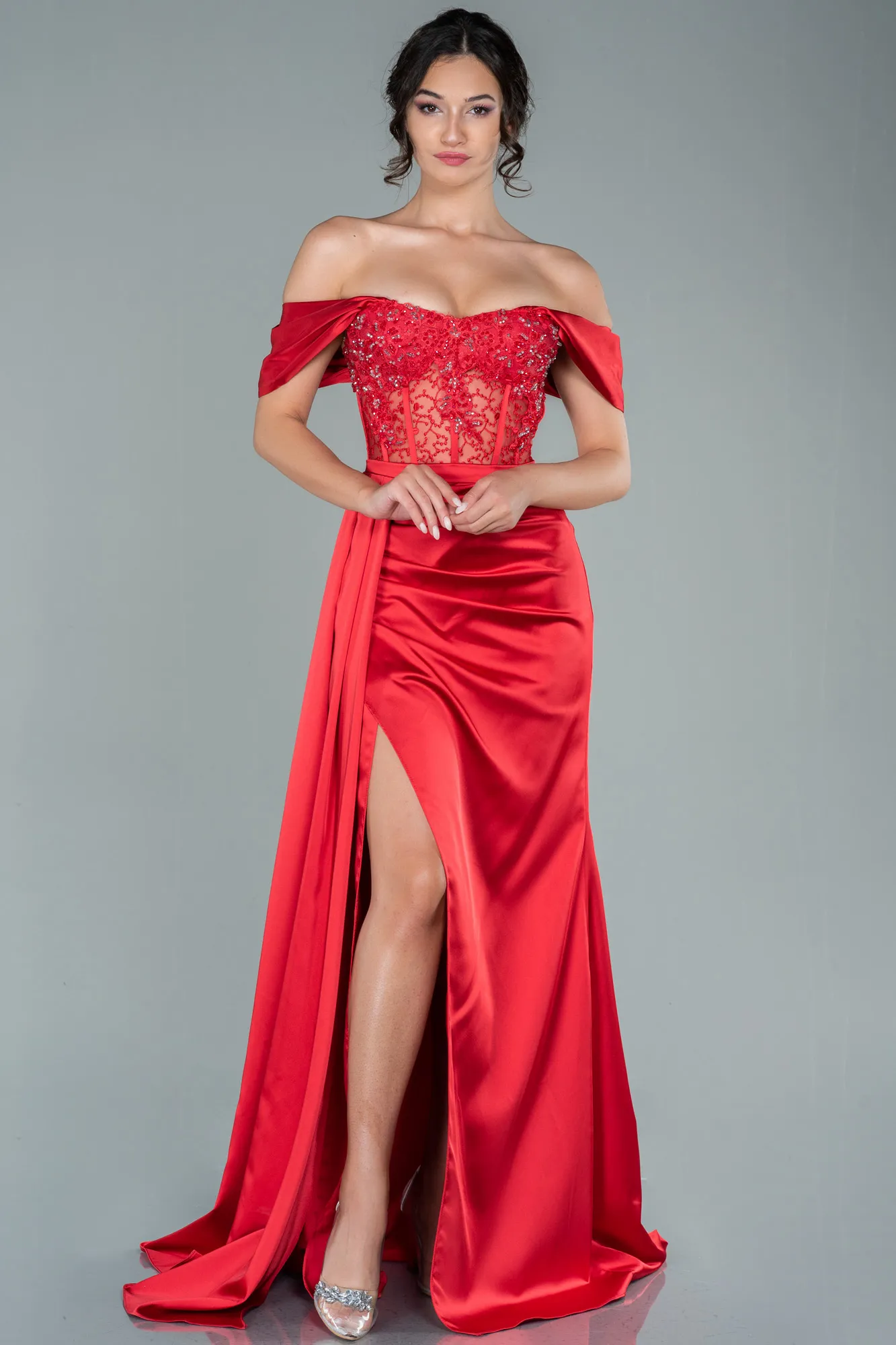 Red-Long Satin Evening Dress ABU3448