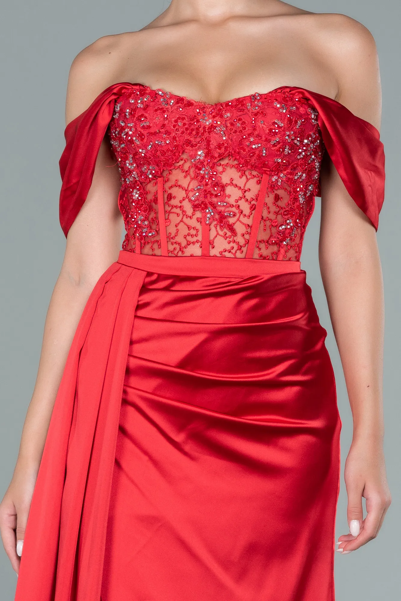 Red-Long Satin Evening Dress ABU3448