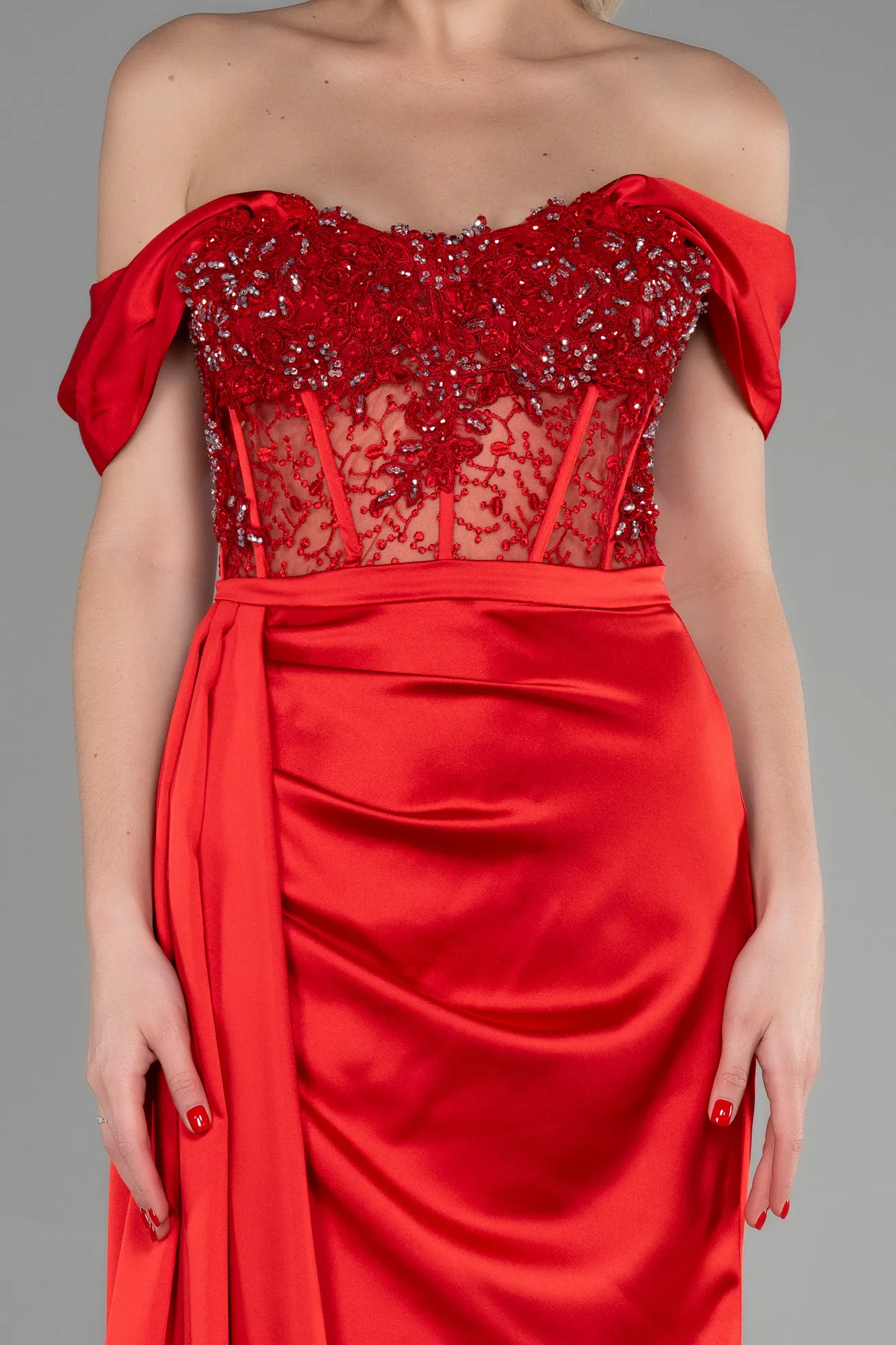 Red-Long Satin Evening Dress ABU3448