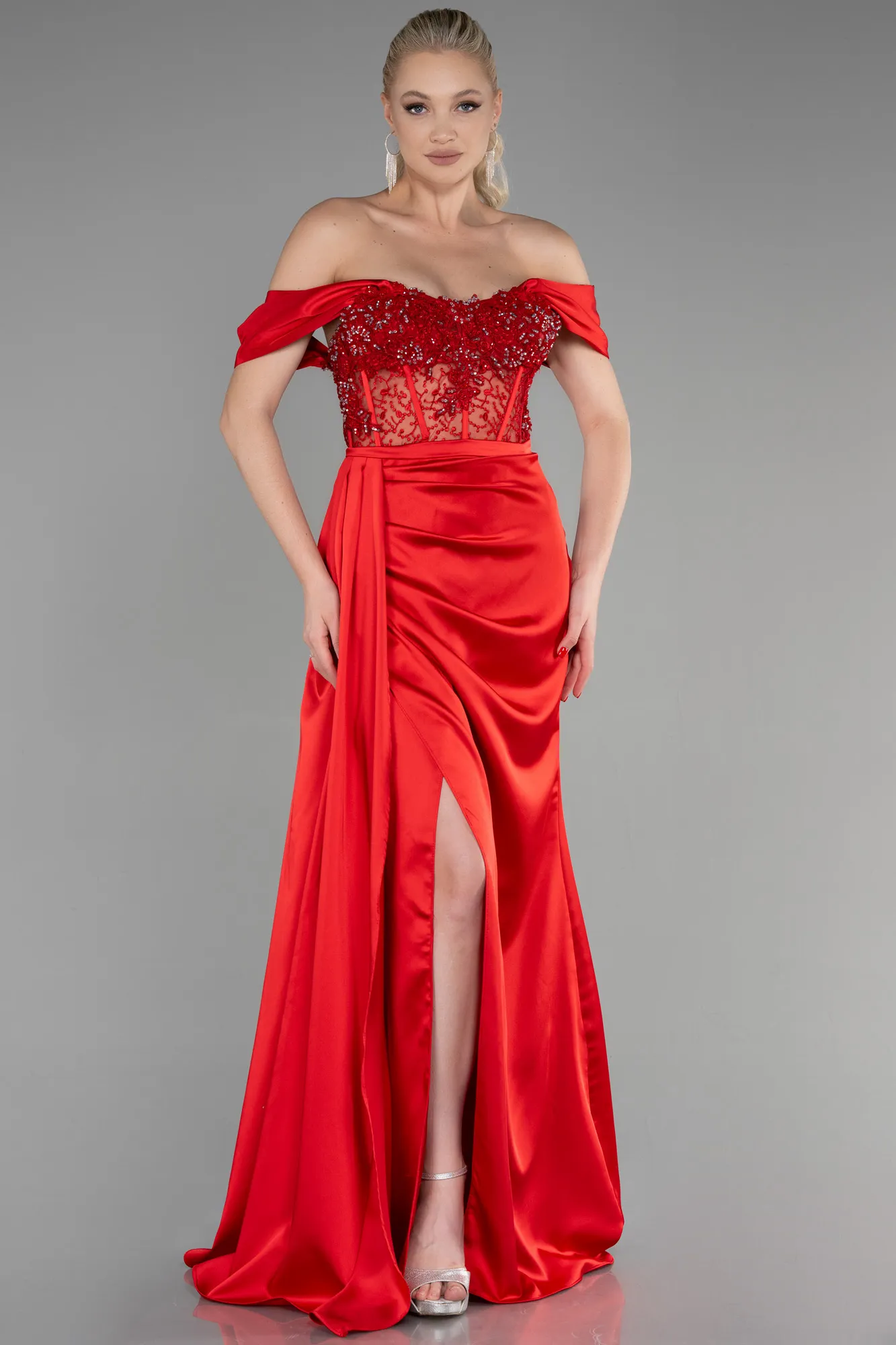 Red-Long Satin Evening Dress ABU3454