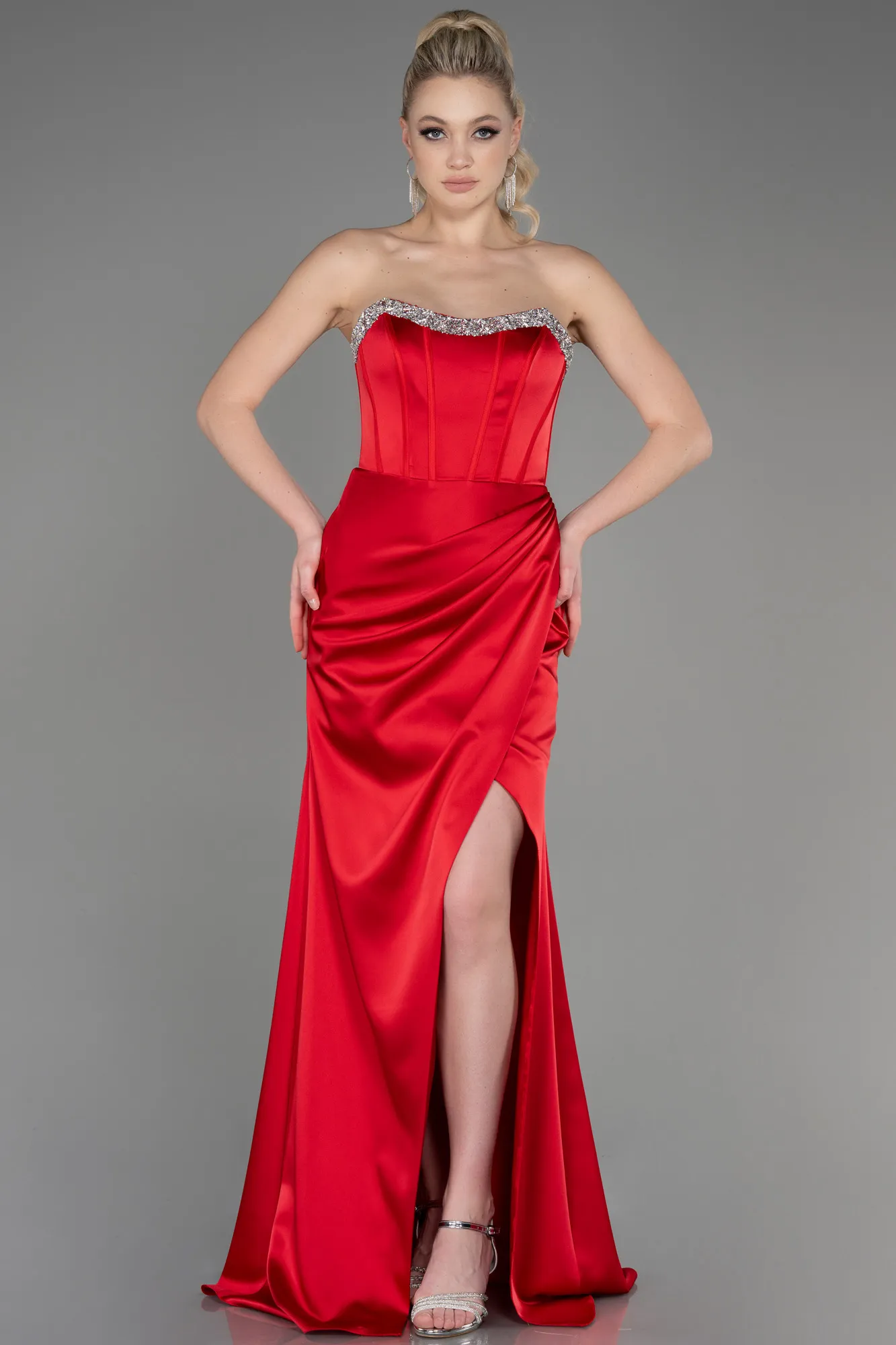 Red-Long Satin Evening Dress ABU3706