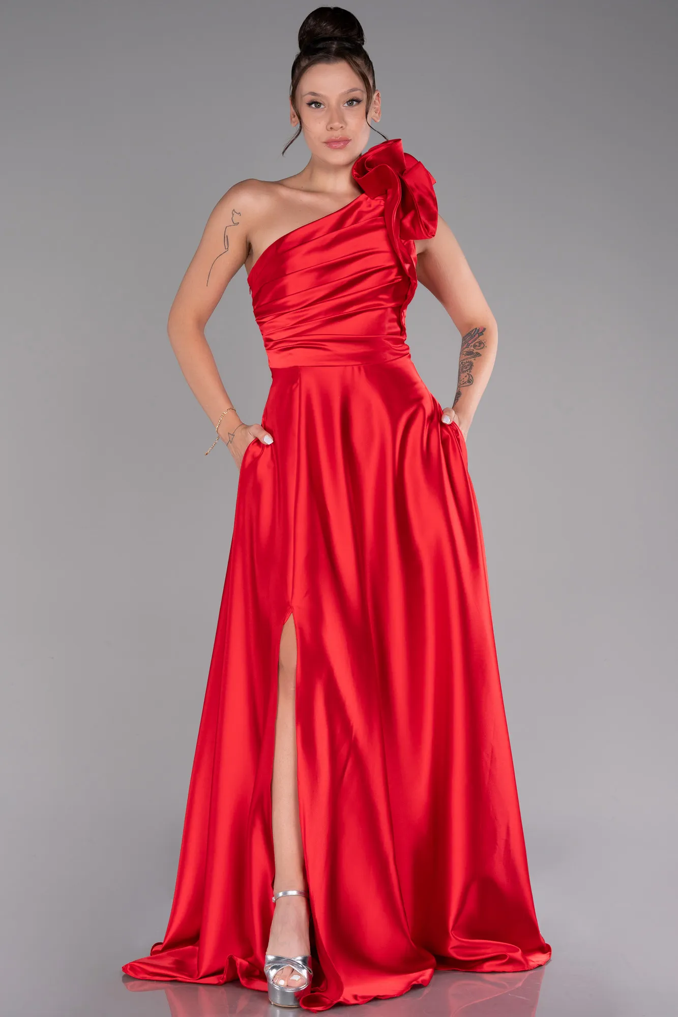 Red-Long Satin Evening Dress ABU4189