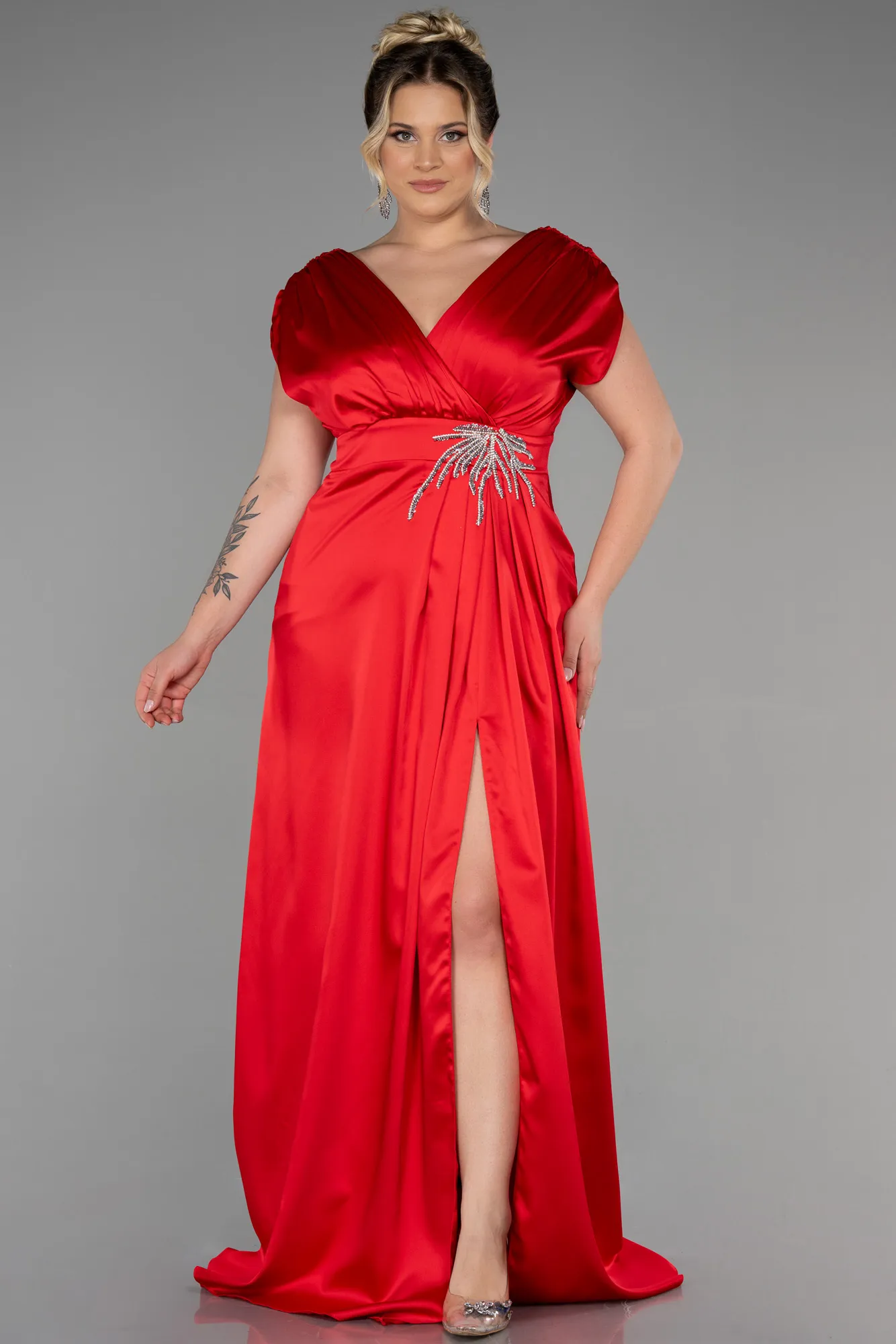 Red-Long Satin Plus Size Engagement Dress ABU3433