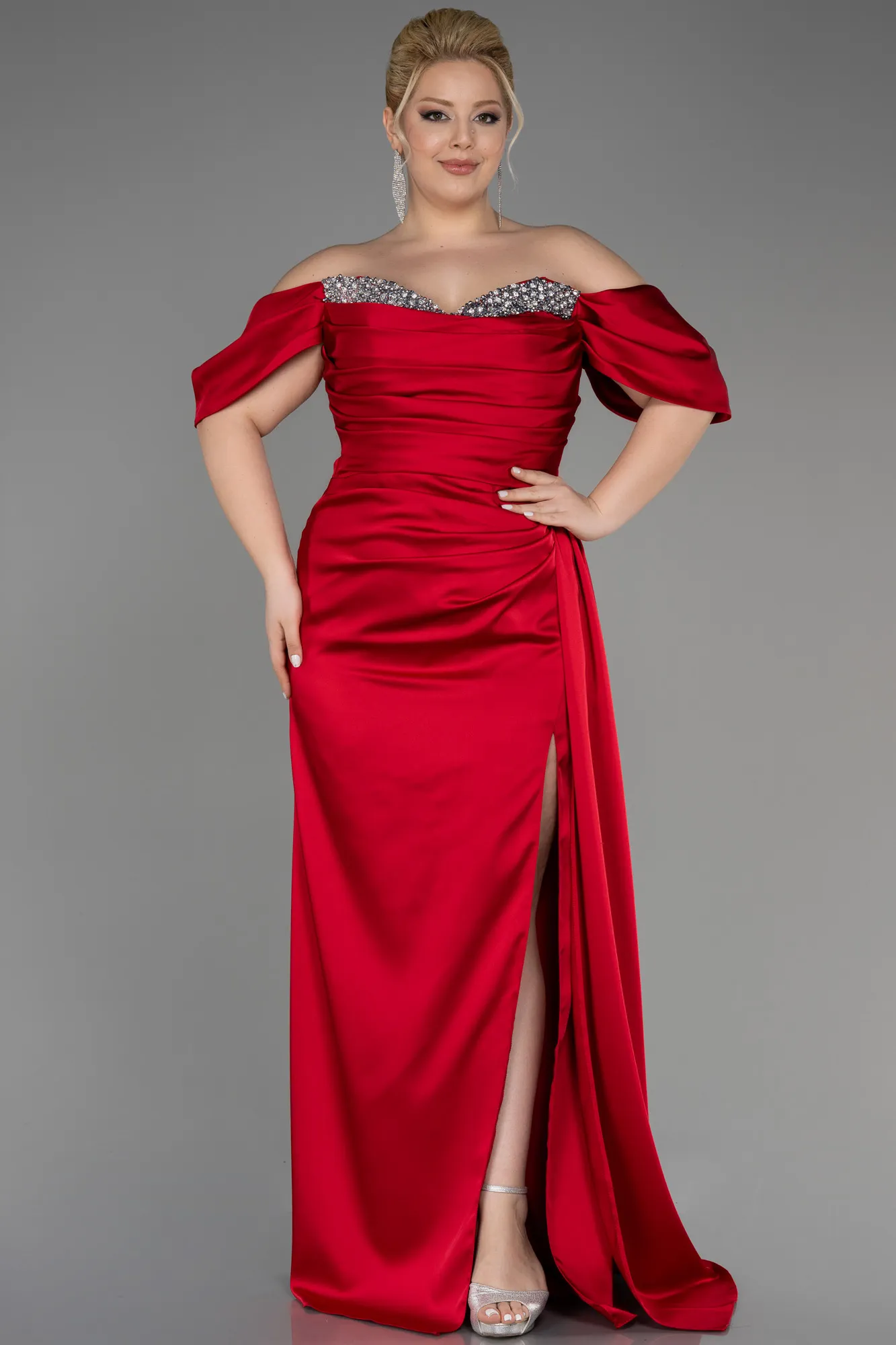 Red-Long Satin Plus Size Engagement Dress ABU3655