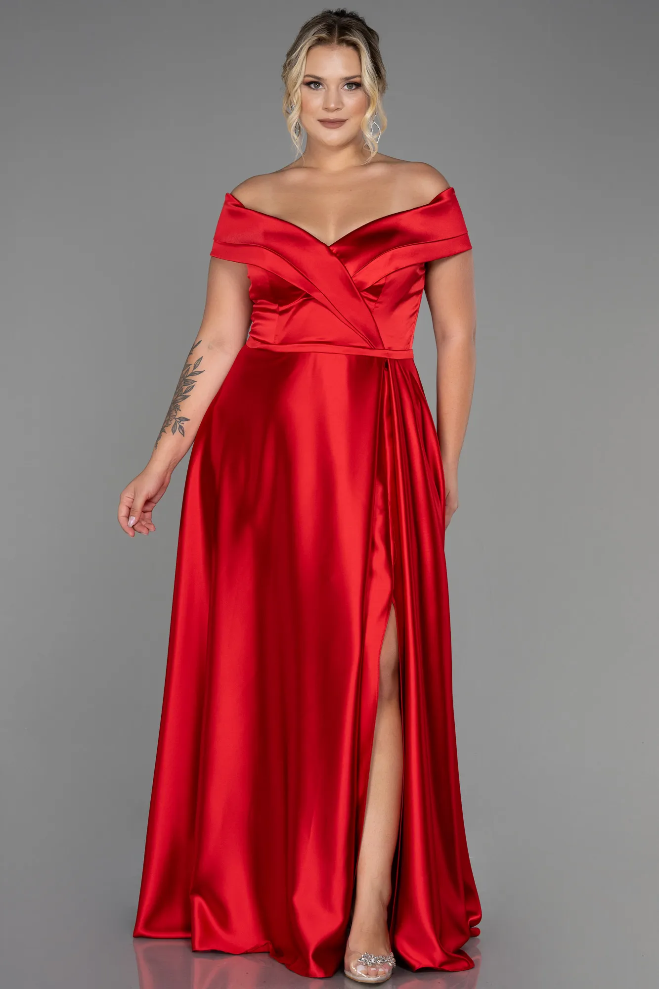 Red-Long Satin Plus Size Evening Dress ABU2355
