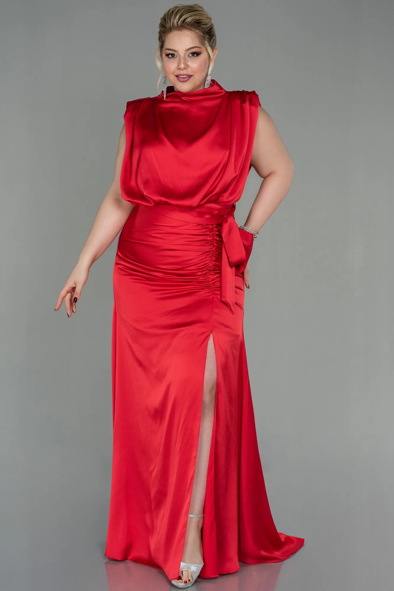 Red-Long Satin Plus Size Evening Dress ABU2969