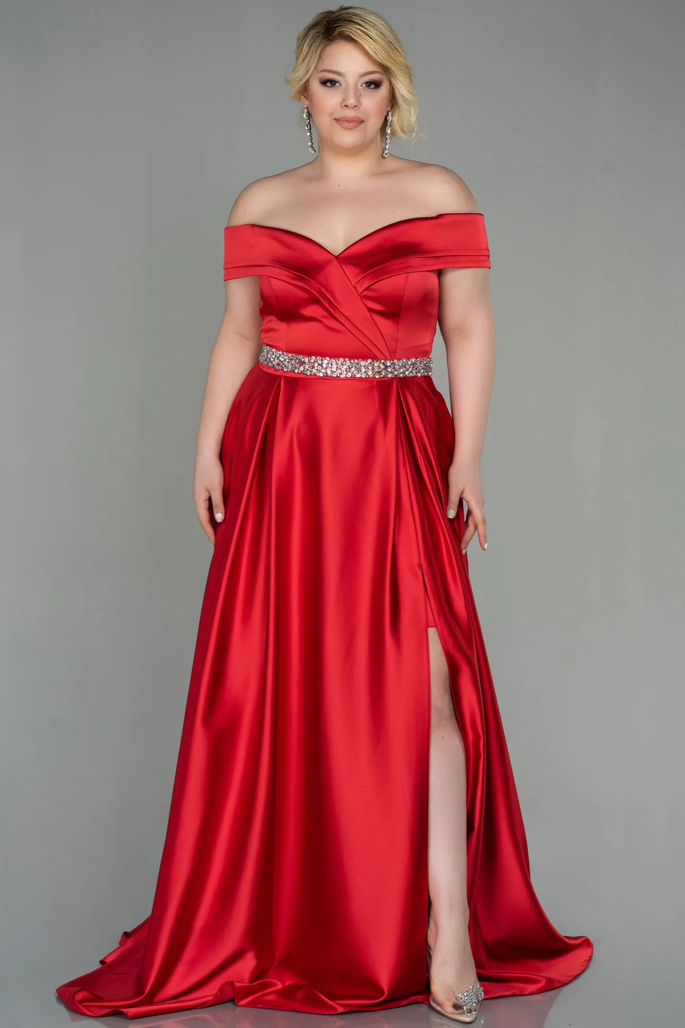 Red-Long Satin Plus Size Evening Dress ABU3017