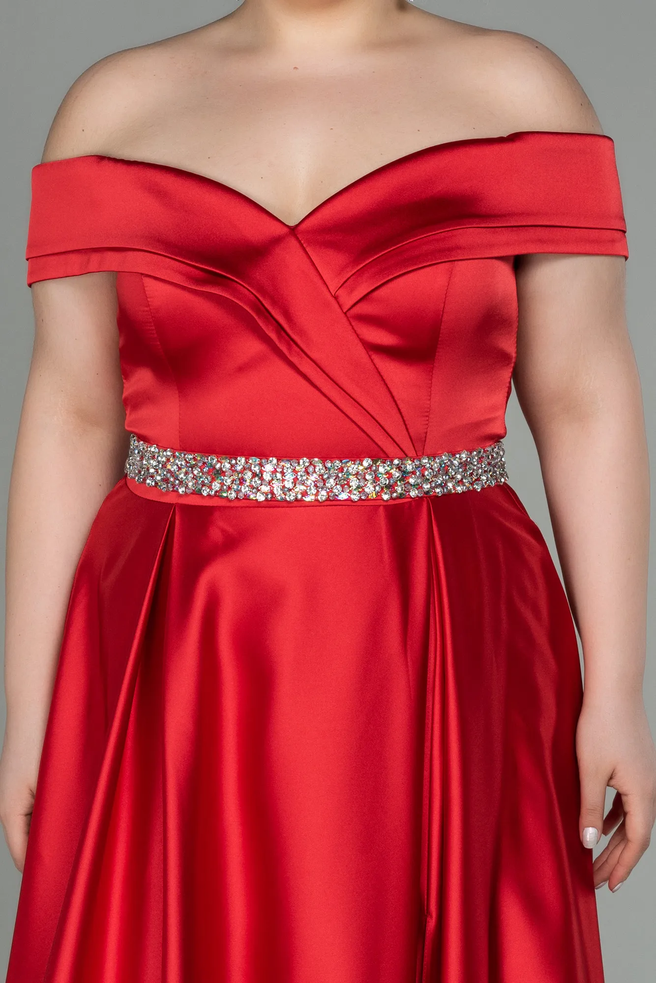 Red-Long Satin Plus Size Evening Dress ABU3017