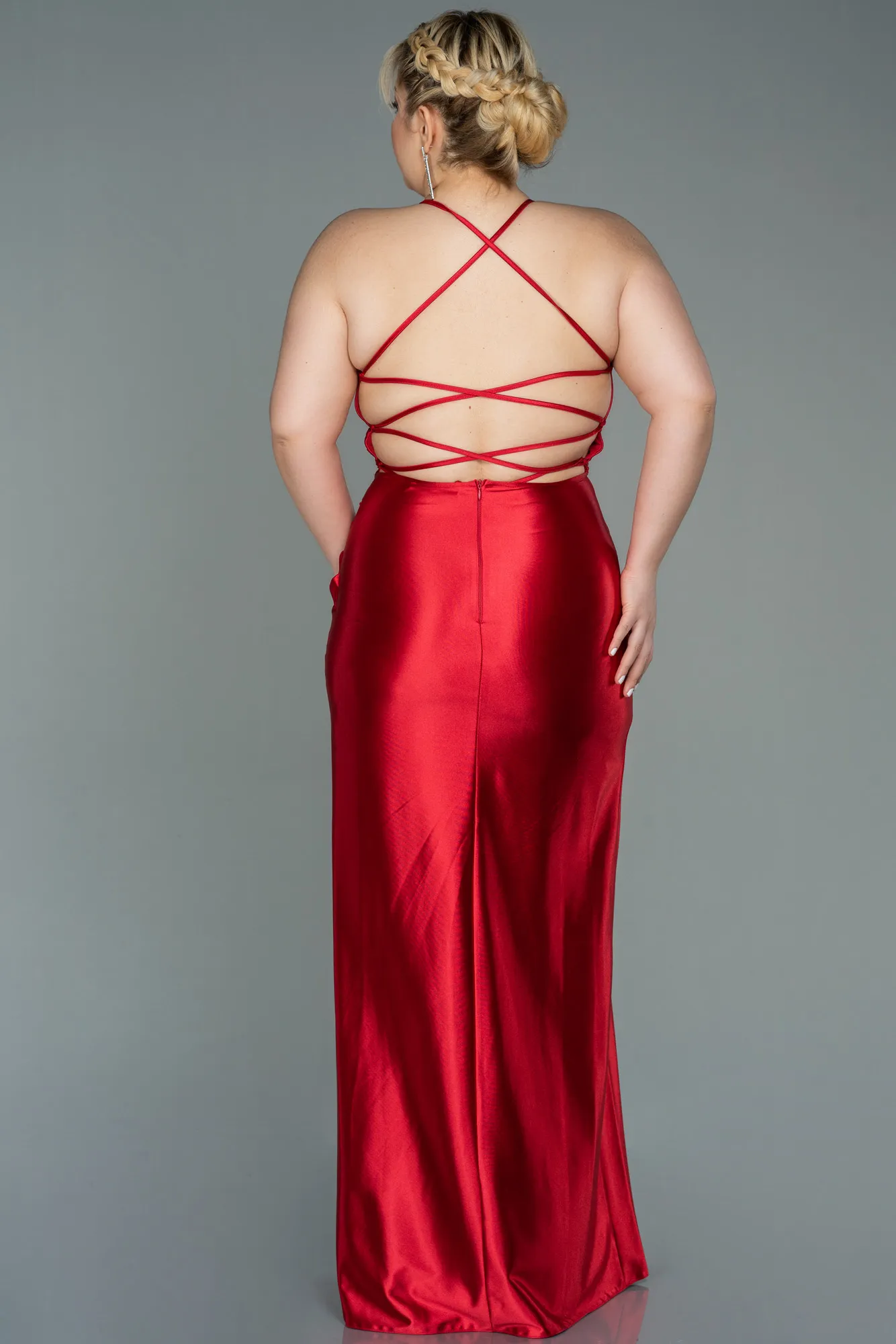 Red-Long Satin Plus Size Evening Dress ABU3053