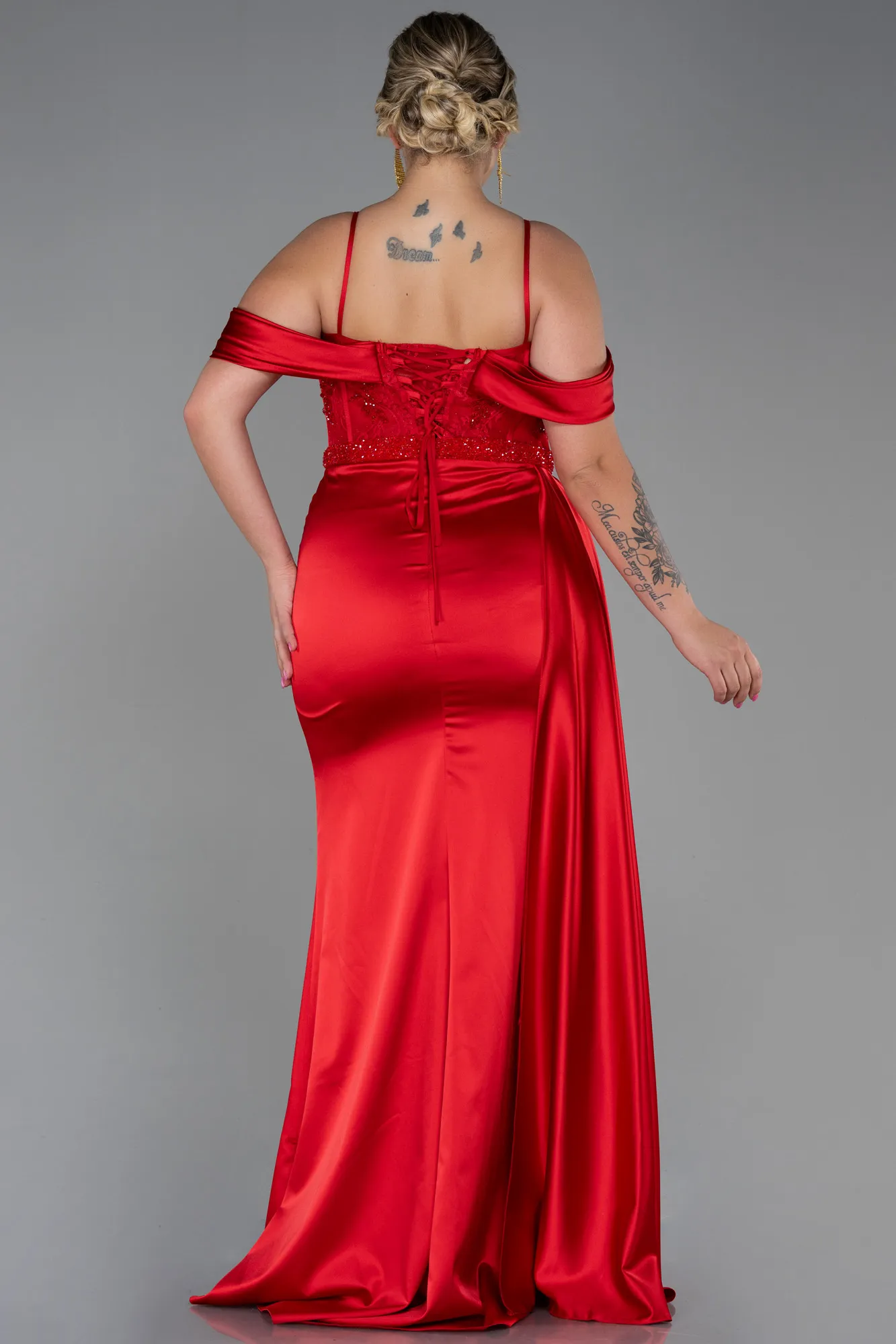 Red-Long Satin Plus Size Evening Dress ABU3228