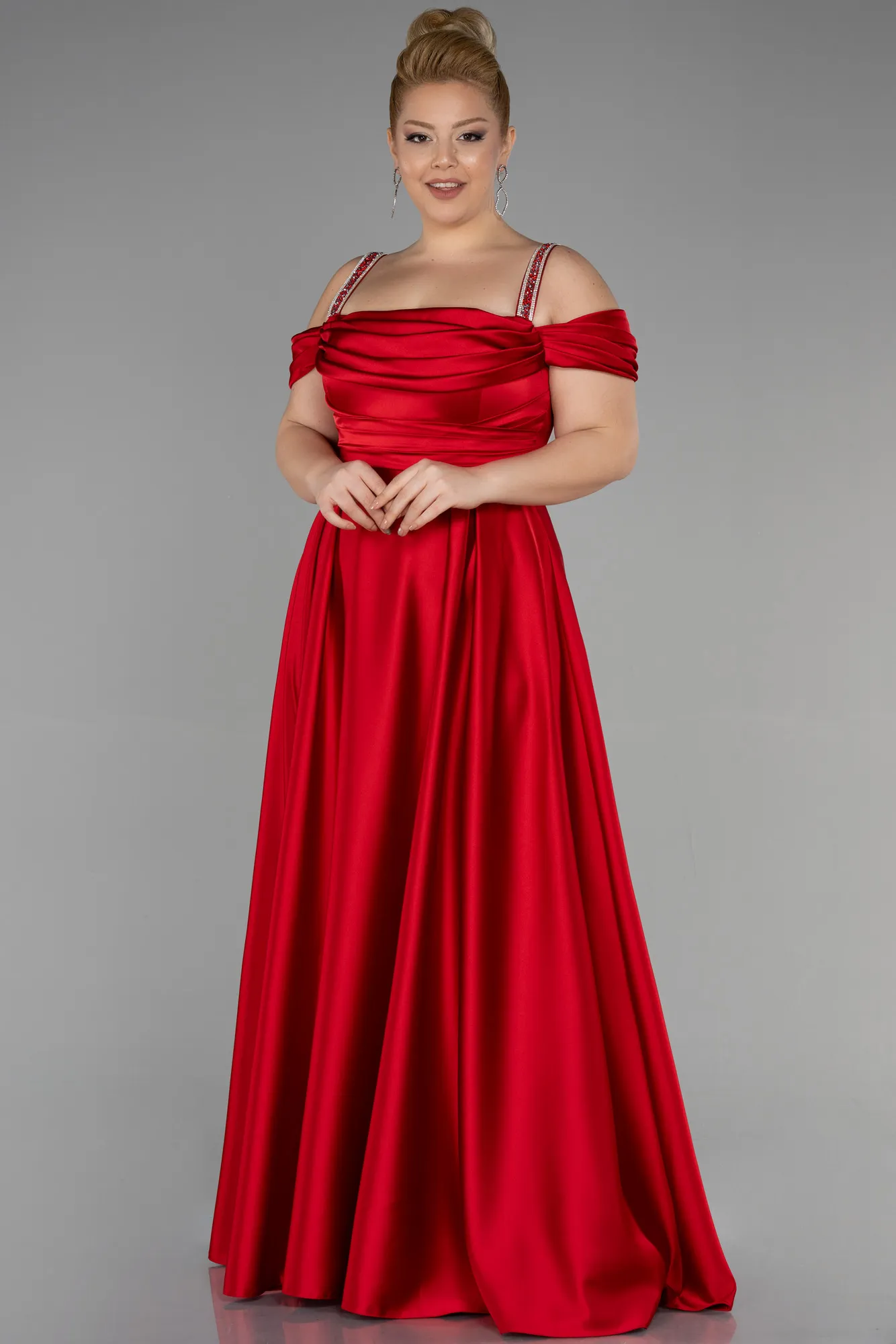 Red-Long Satin Plus Size Evening Dress ABU3277
