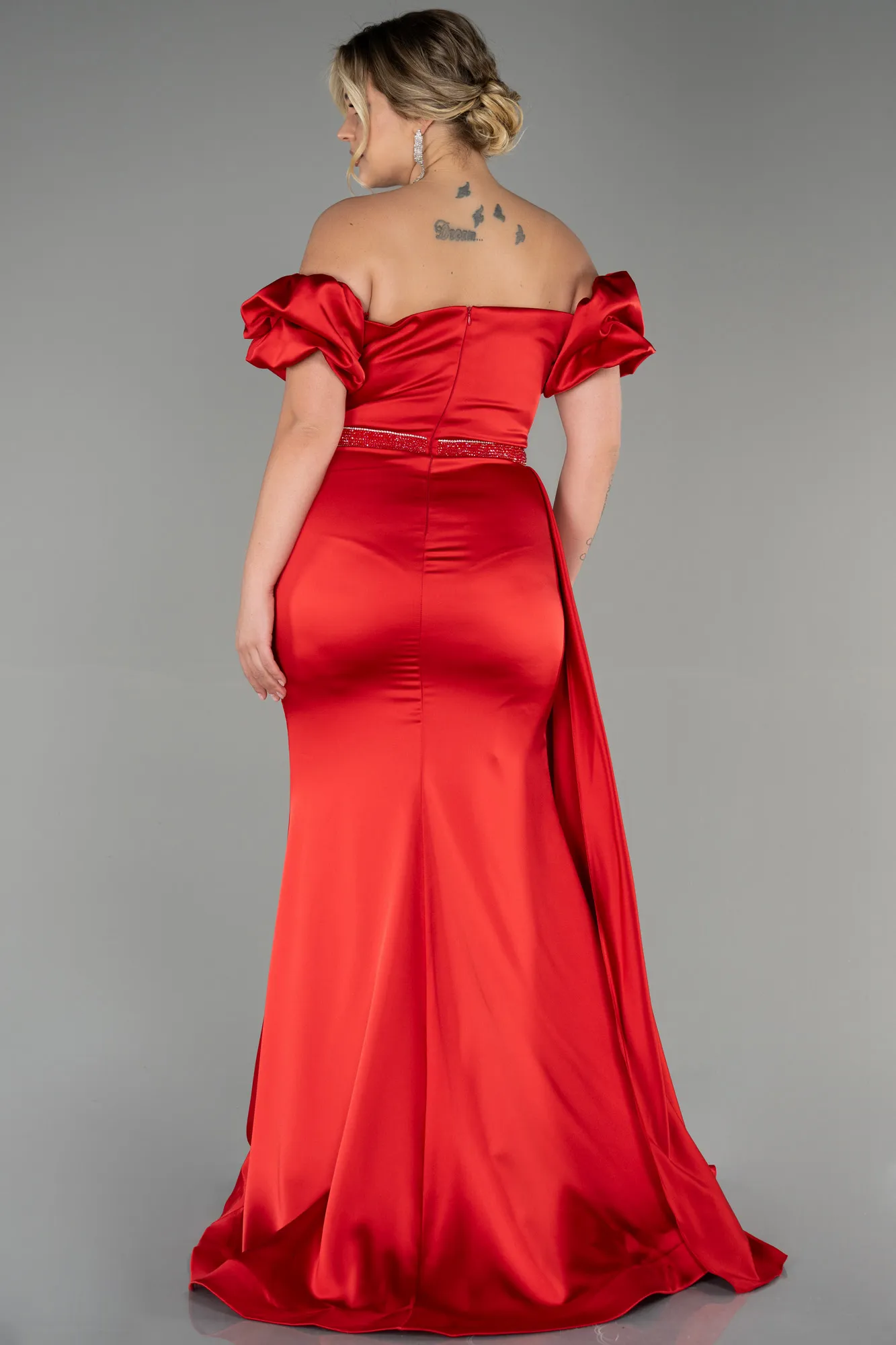 Red-Long Satin Plus Size Evening Dress ABU3332