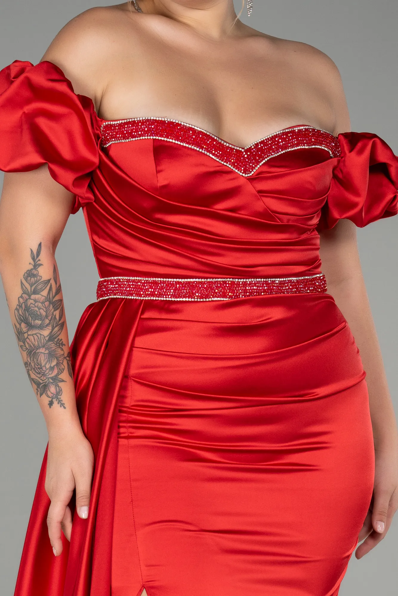 Red-Long Satin Plus Size Evening Dress ABU3332