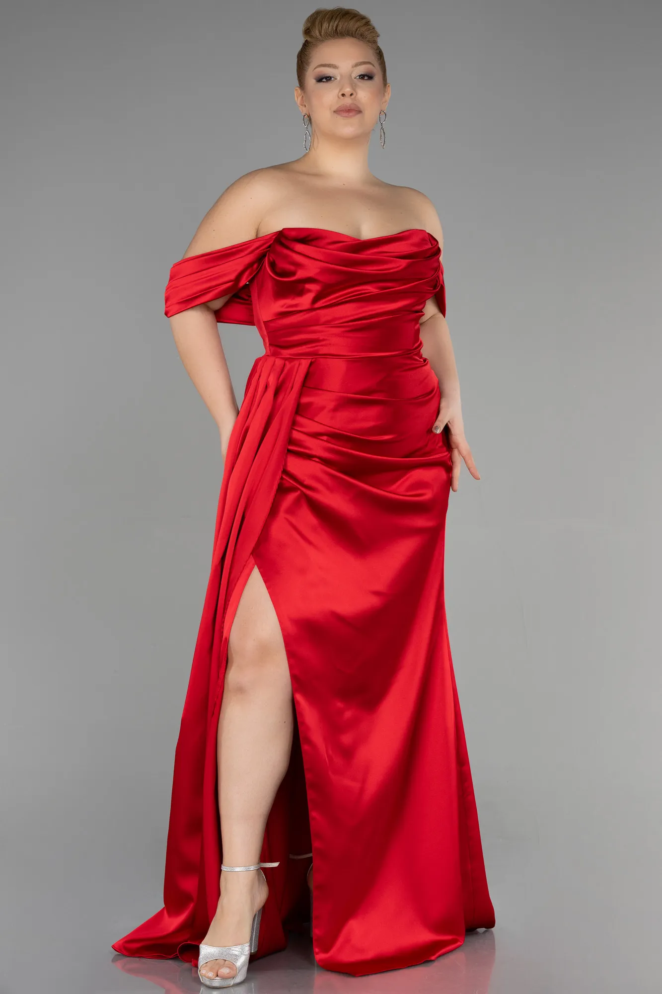 Red-Long Satin Plus Size Evening Dress ABU3515