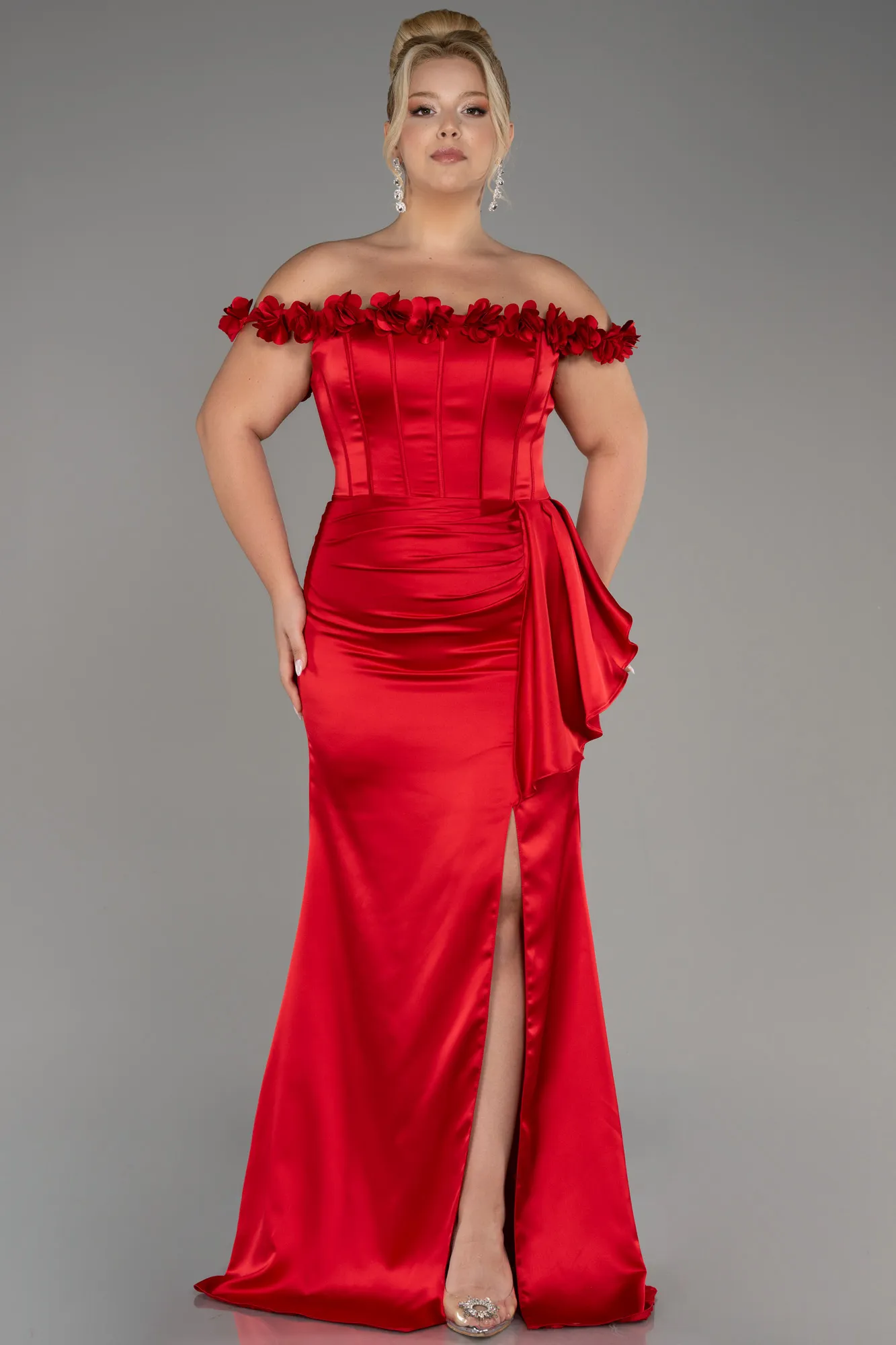 Red-Long Satin Plus Size Evening Gown ABU4046