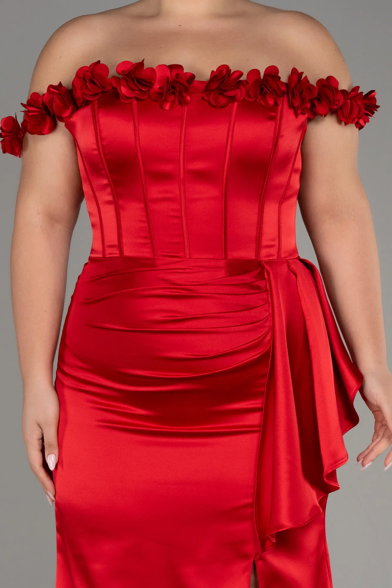 Red-Long Satin Plus Size Evening Gown ABU4046