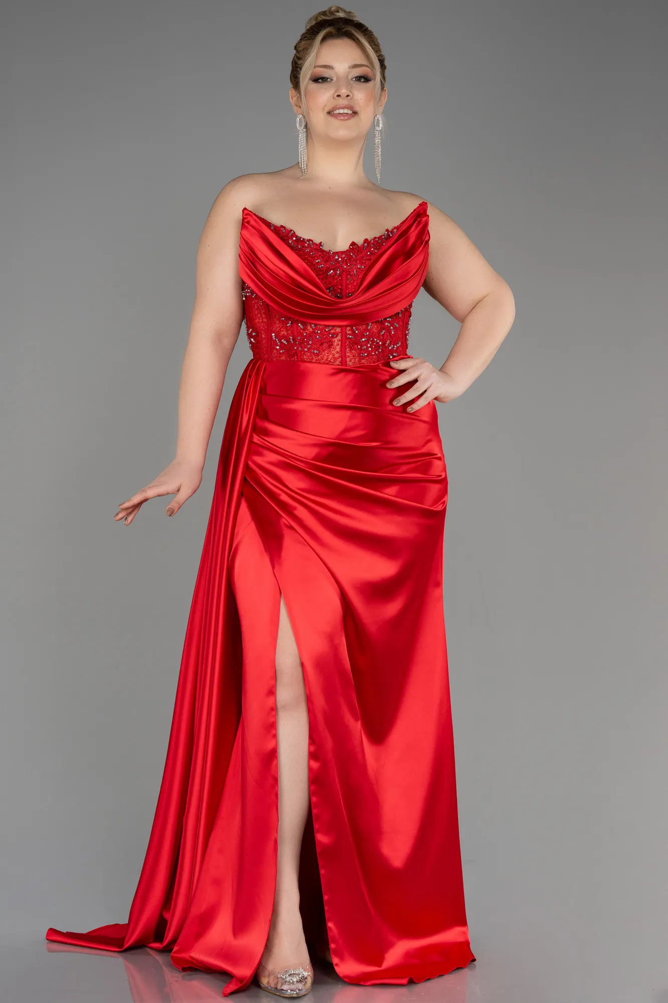 Red-Long Satin Plus Size Prom Dress ABU3855