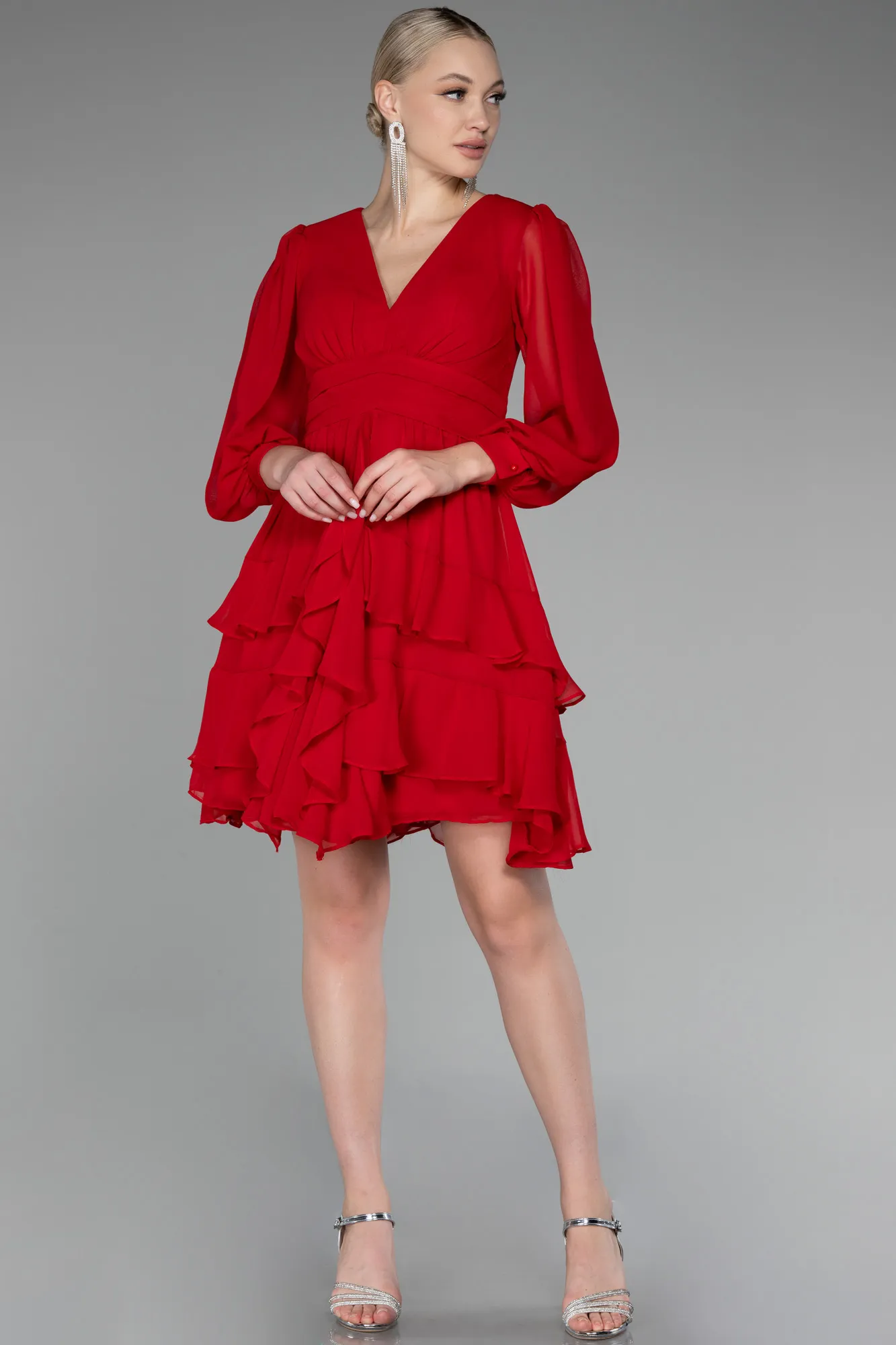 Red-Long Sleeve Chiffon Short Cocktail Dress ABK2117