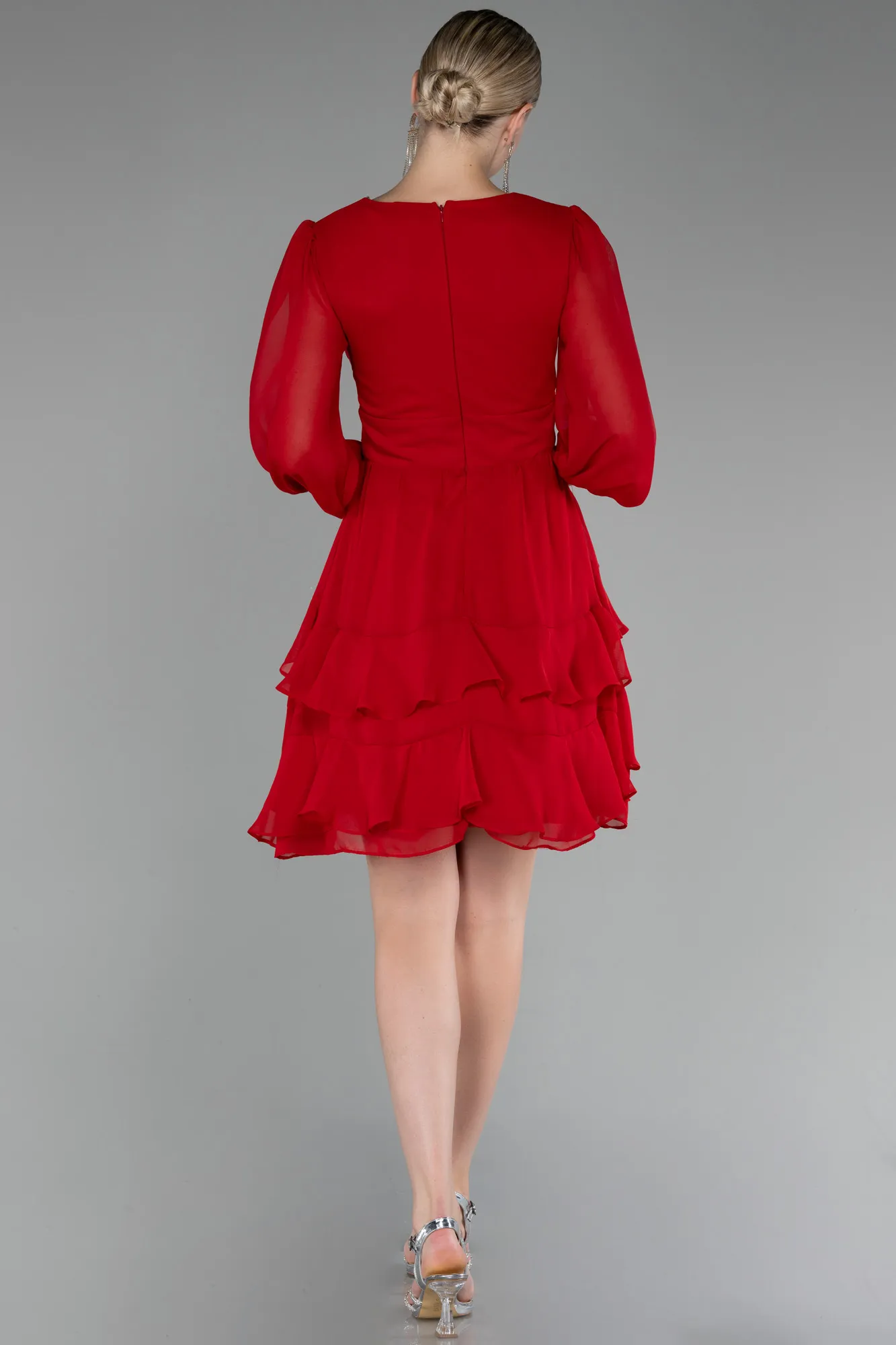 Red-Long Sleeve Chiffon Short Cocktail Dress ABK2117