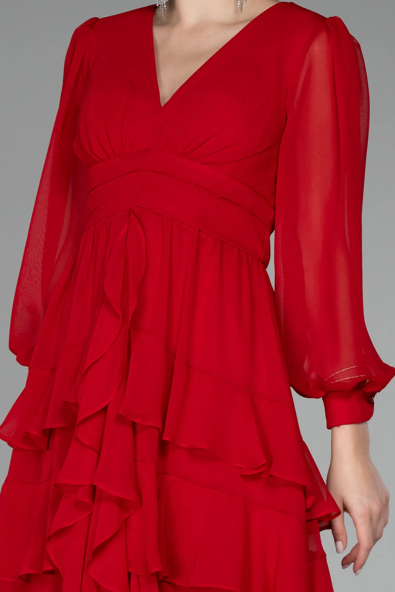 Red-Long Sleeve Chiffon Short Cocktail Dress ABK2117