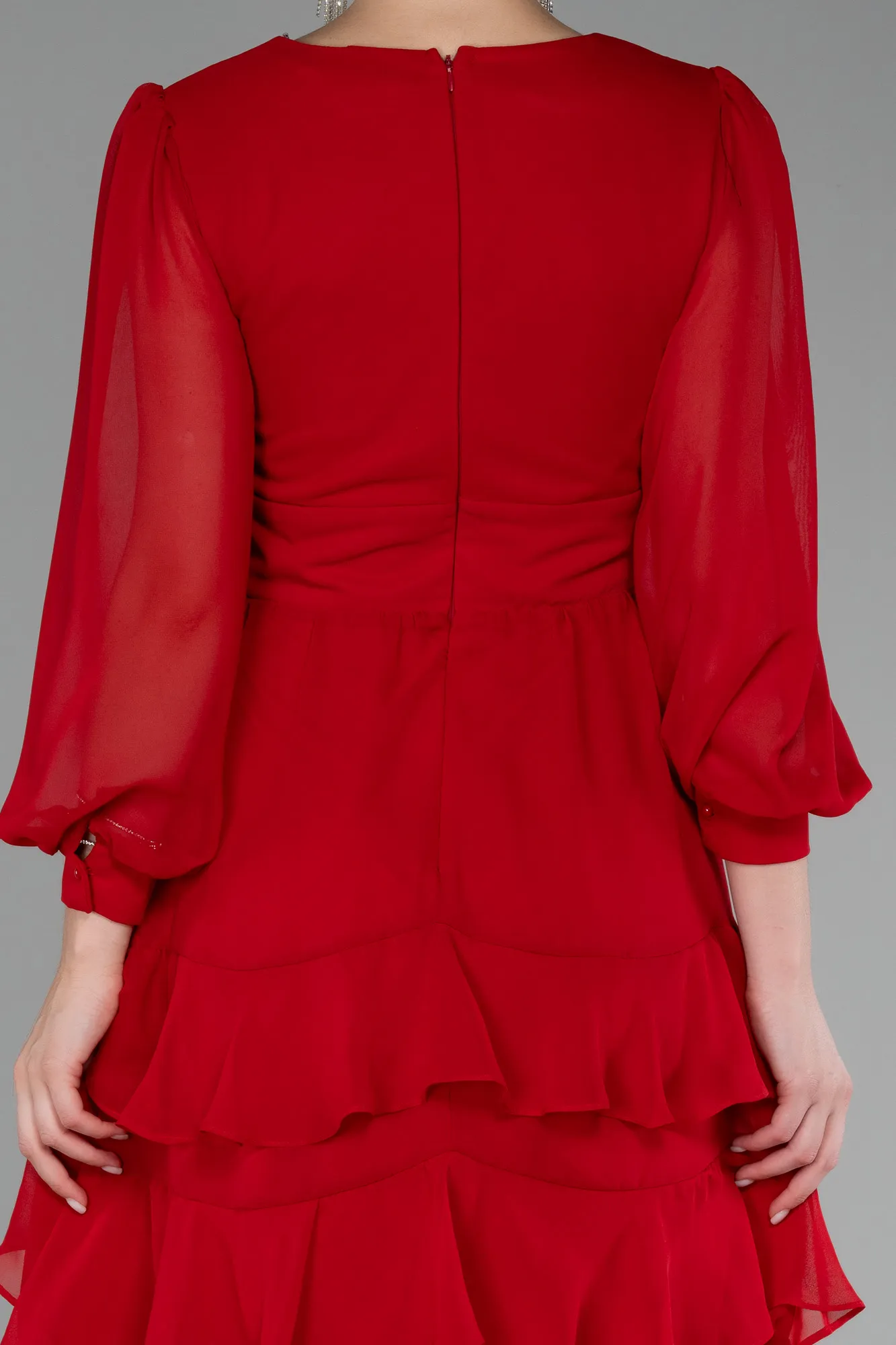 Red-Long Sleeve Chiffon Short Cocktail Dress ABK2117