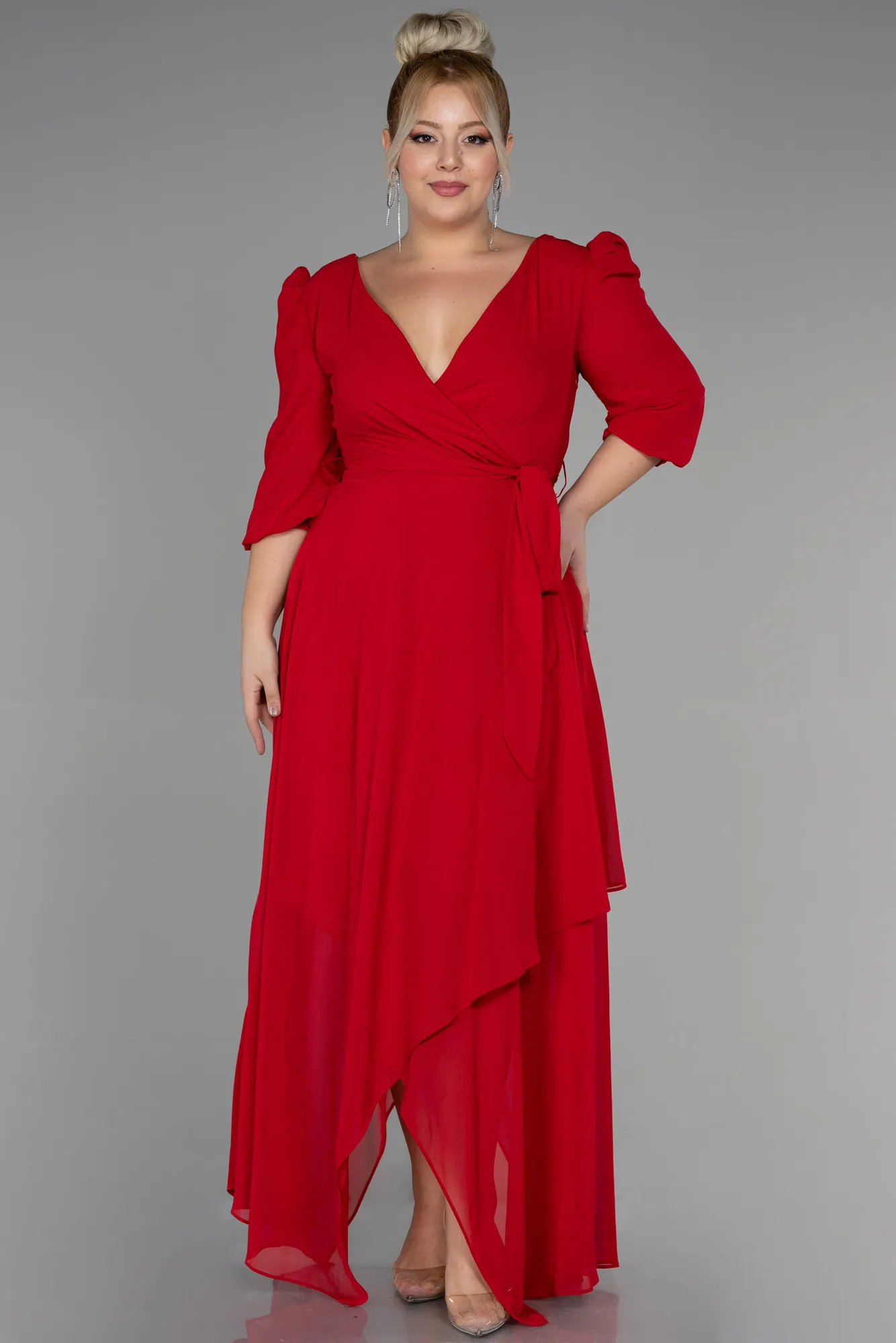 Red-Midi Chiffon Oversized Evening Dress ABK1083