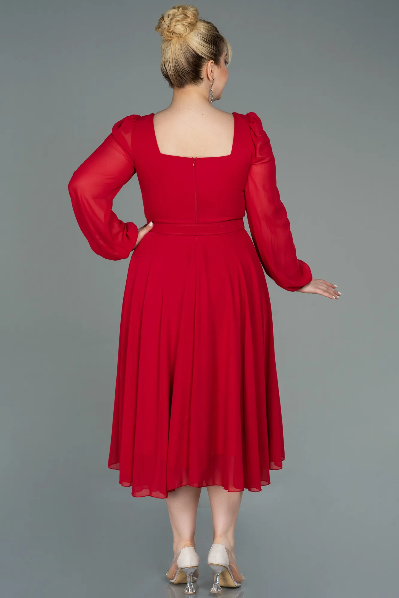 Red-Midi Chiffon Plus Size Evening Dress ABK1753