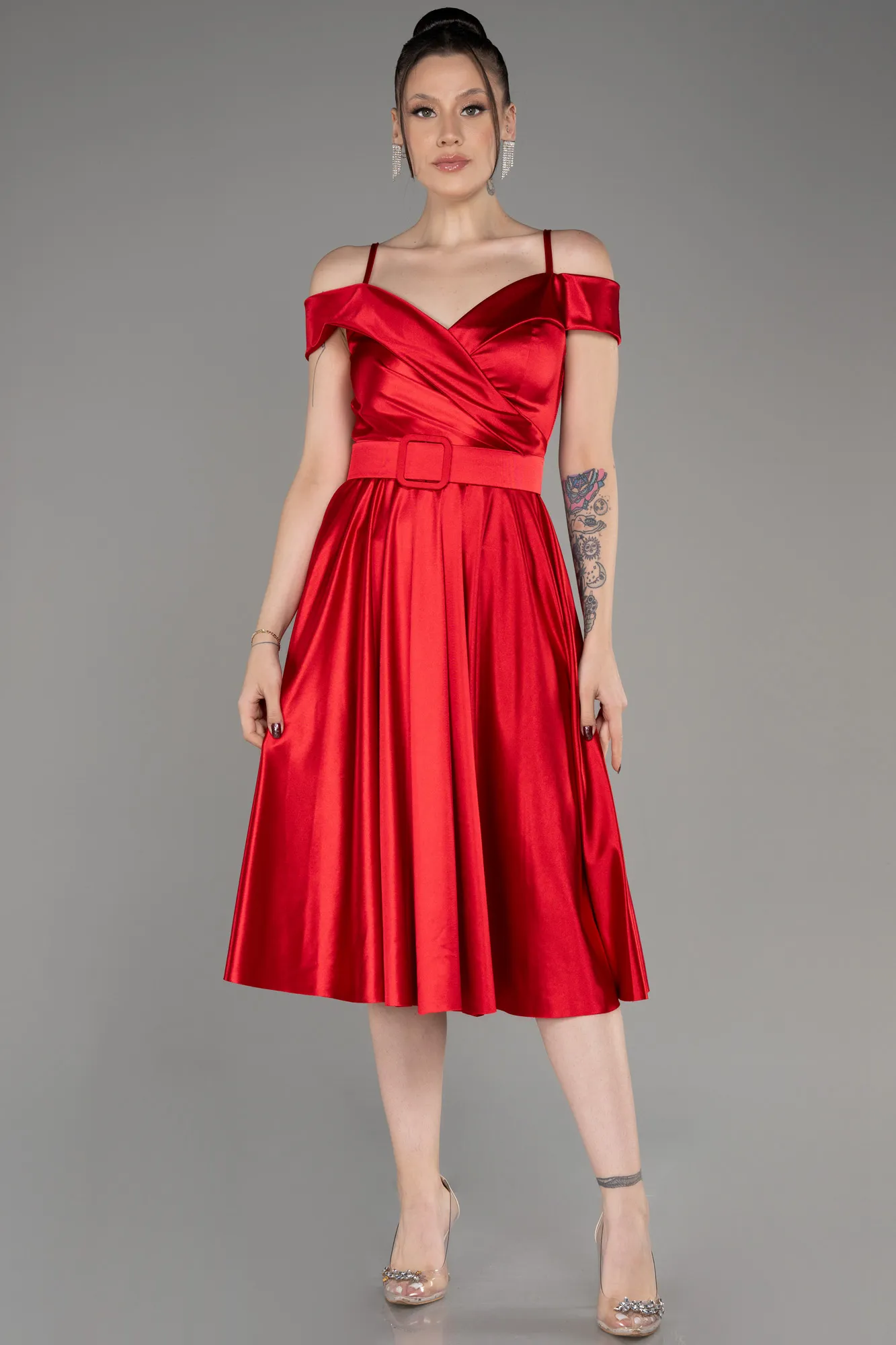 Red-Midi Cocktail Satin Dress ABK2080