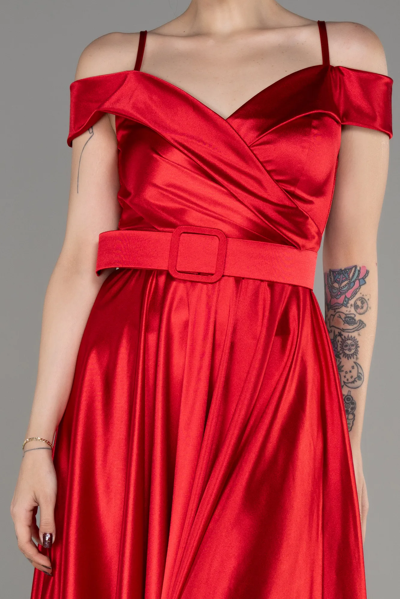 Red-Midi Cocktail Satin Dress ABK2080