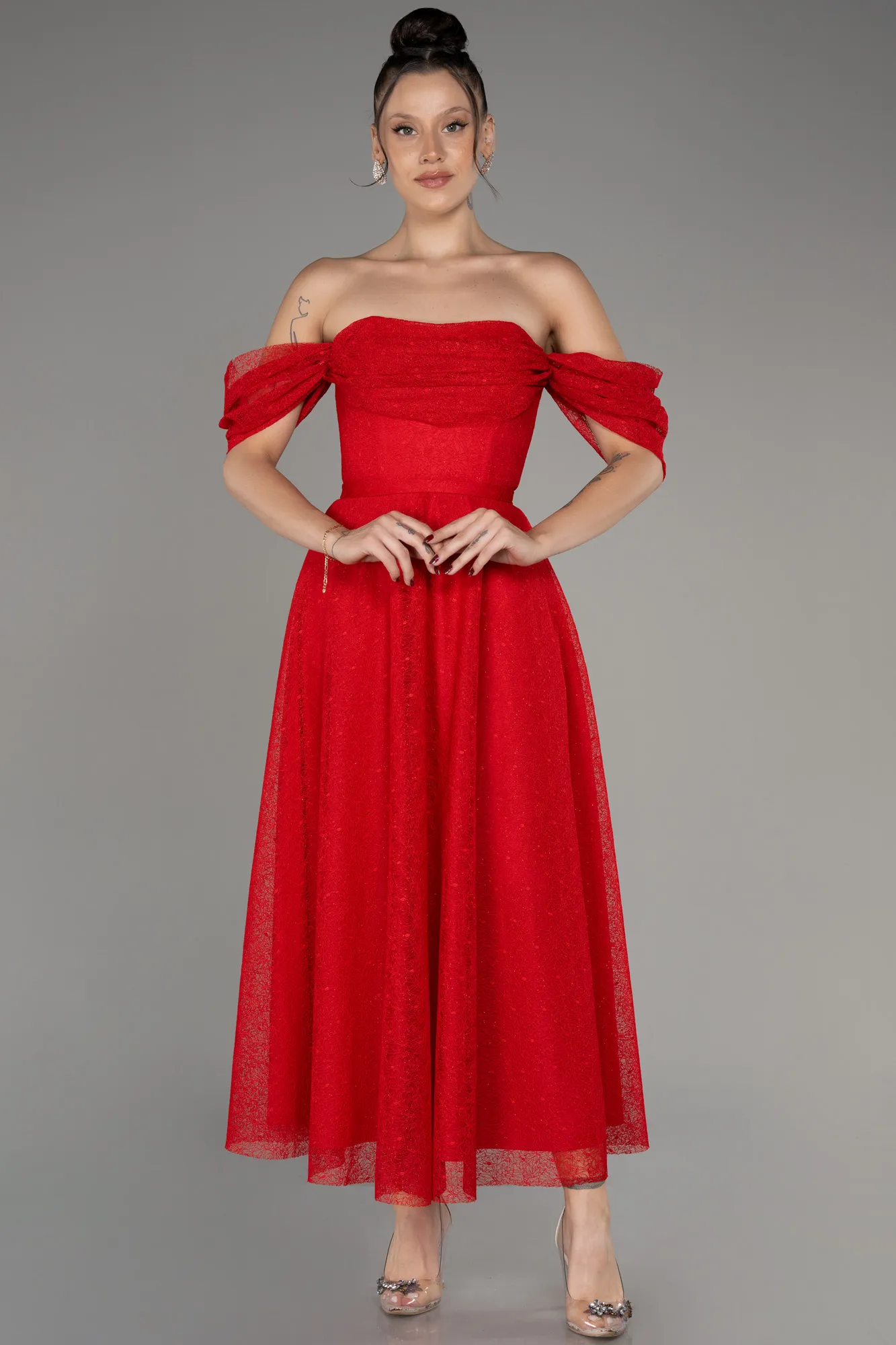 Red-Midi Dantelle Cocktail Dress ABK2103