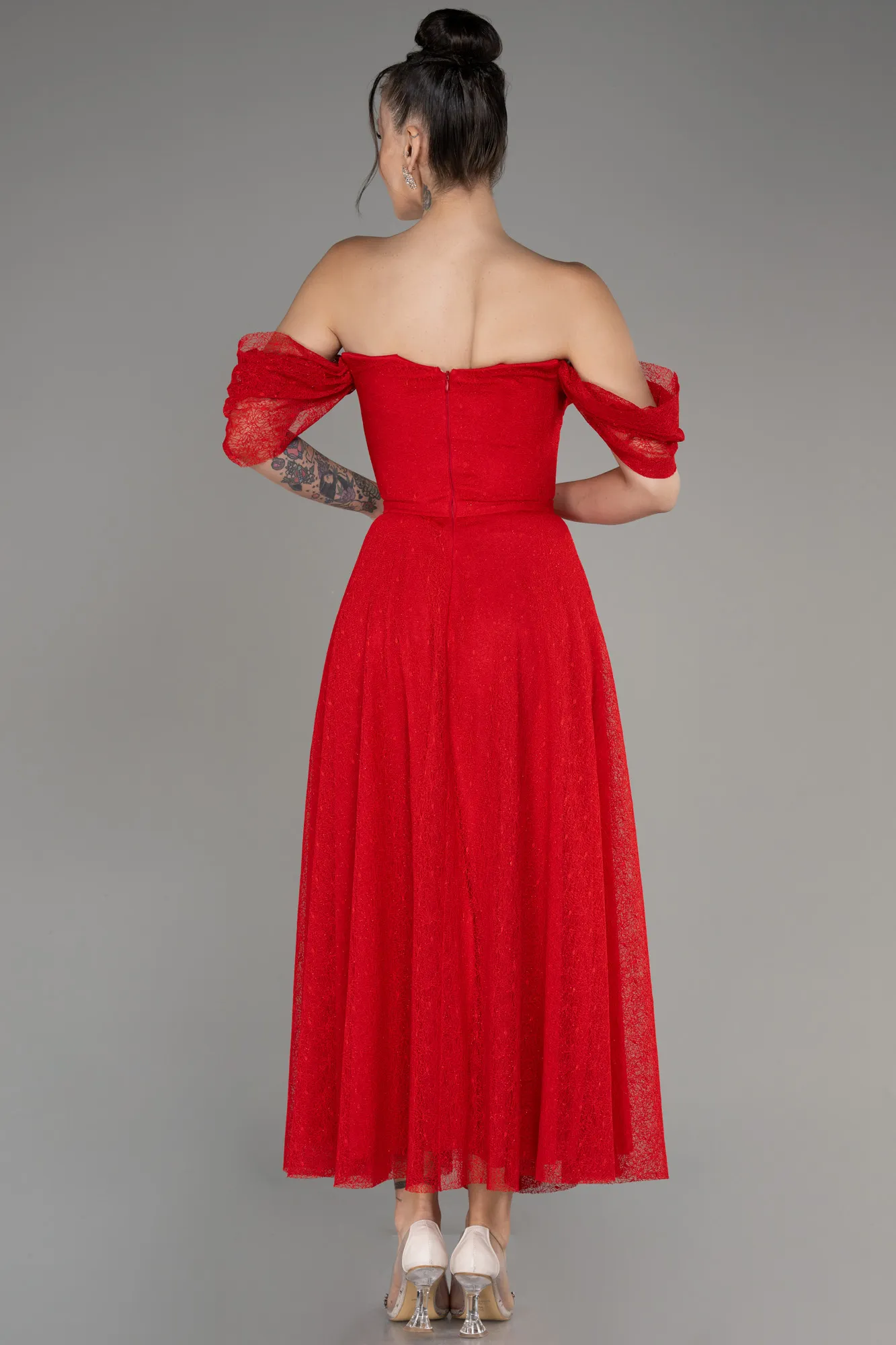 Red-Midi Dantelle Cocktail Dress ABK2103