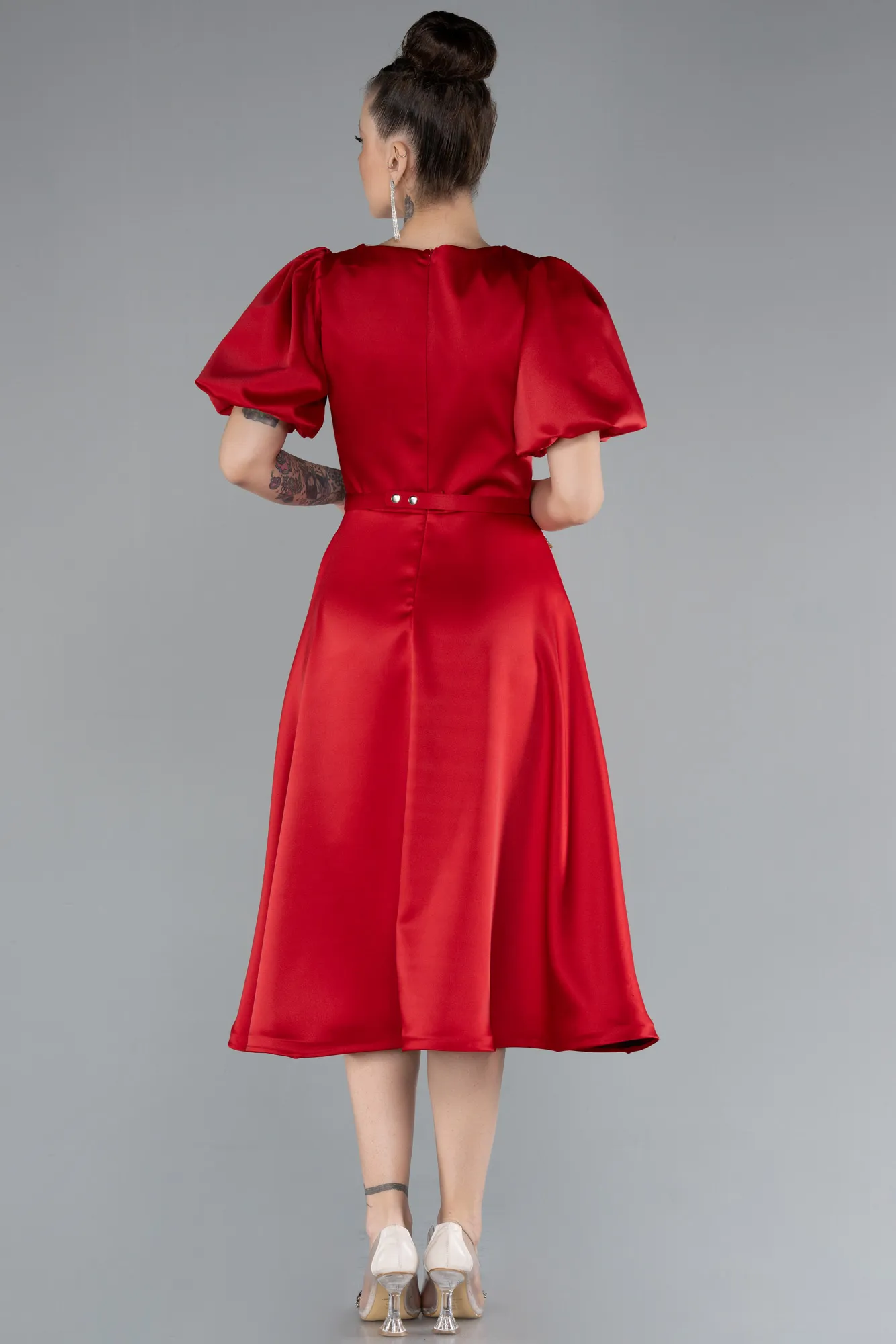 Red-Midi Satin Invitation Dress ABK1263