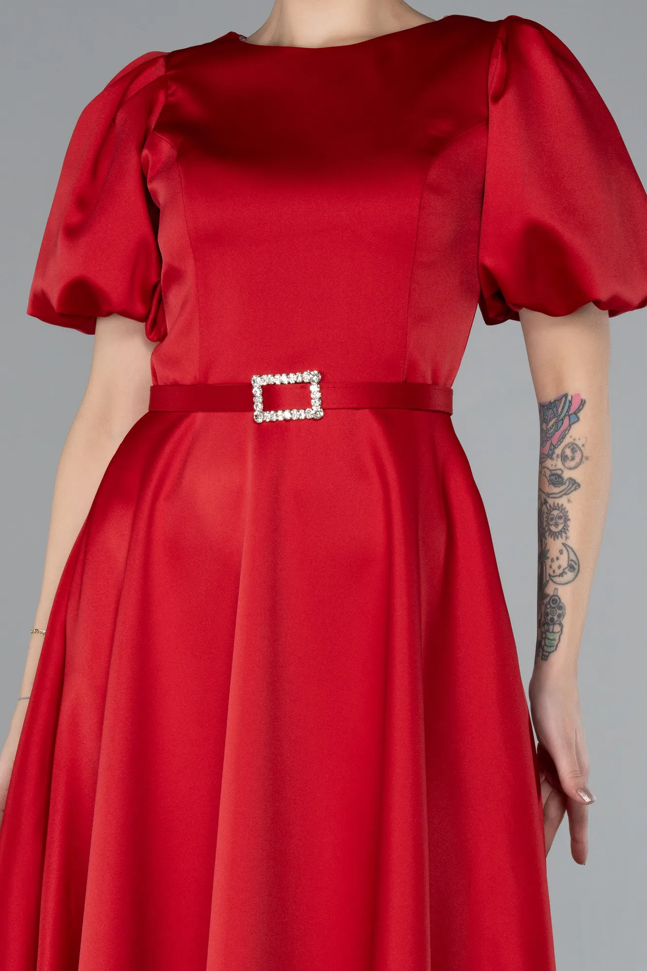 Red-Midi Satin Invitation Dress ABK1263