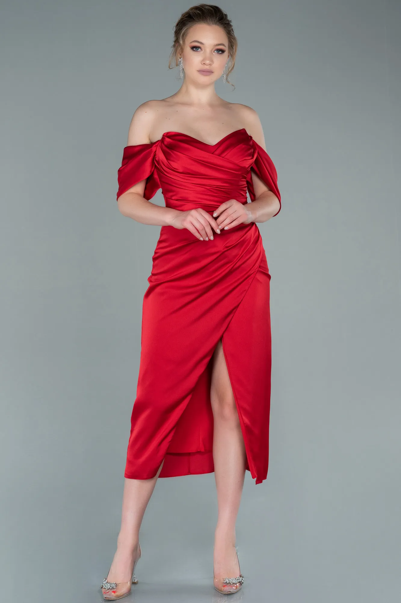 Red-Midi Satin Invitation Dress ABK1404