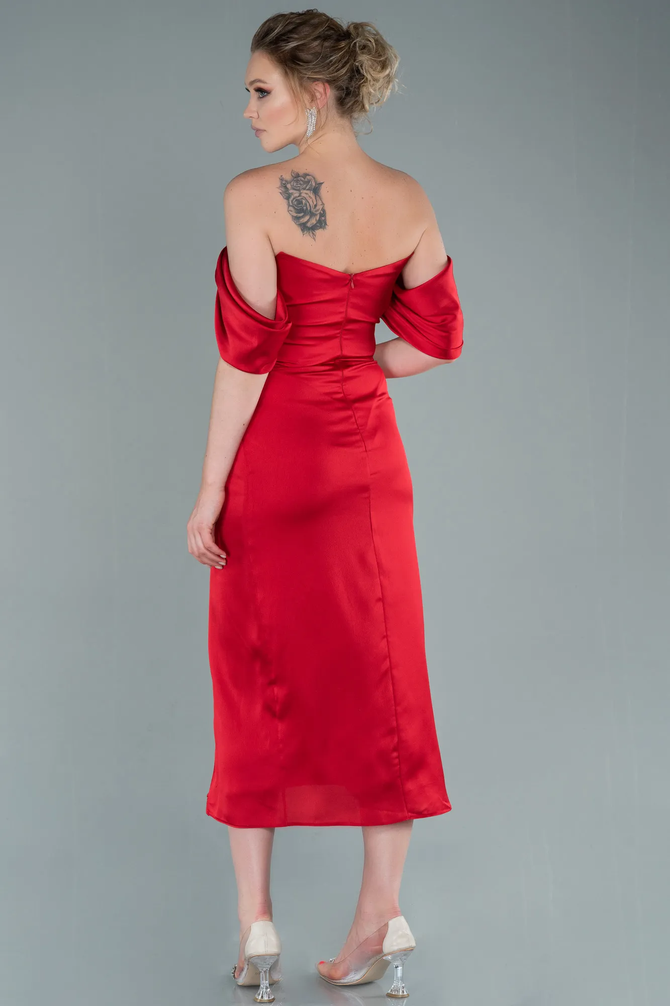 Red-Midi Satin Invitation Dress ABK1404