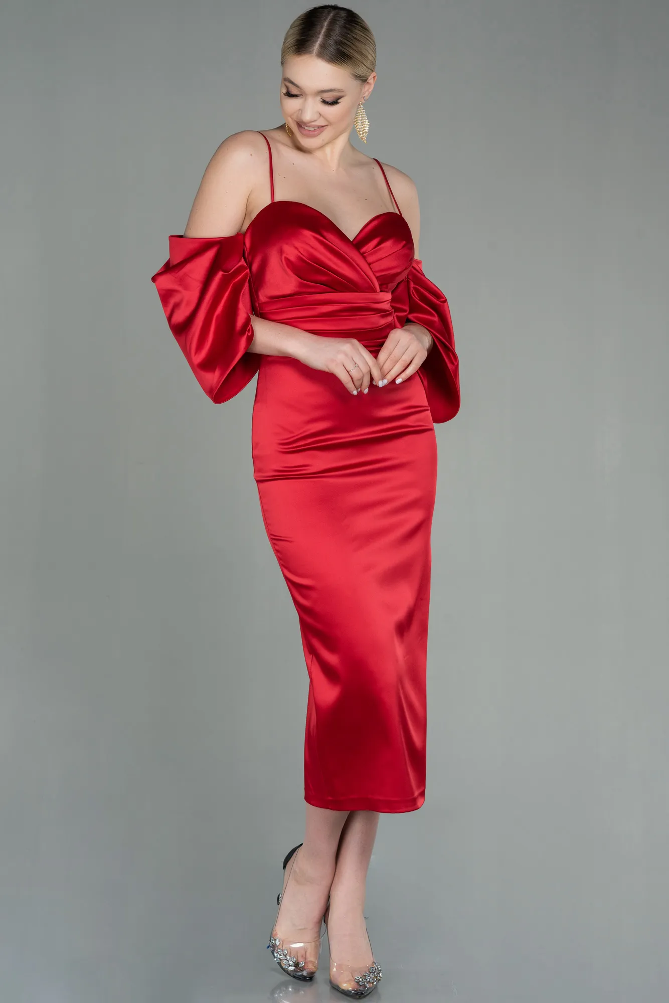 Red-Midi Satin Invitation Dress ABK1676