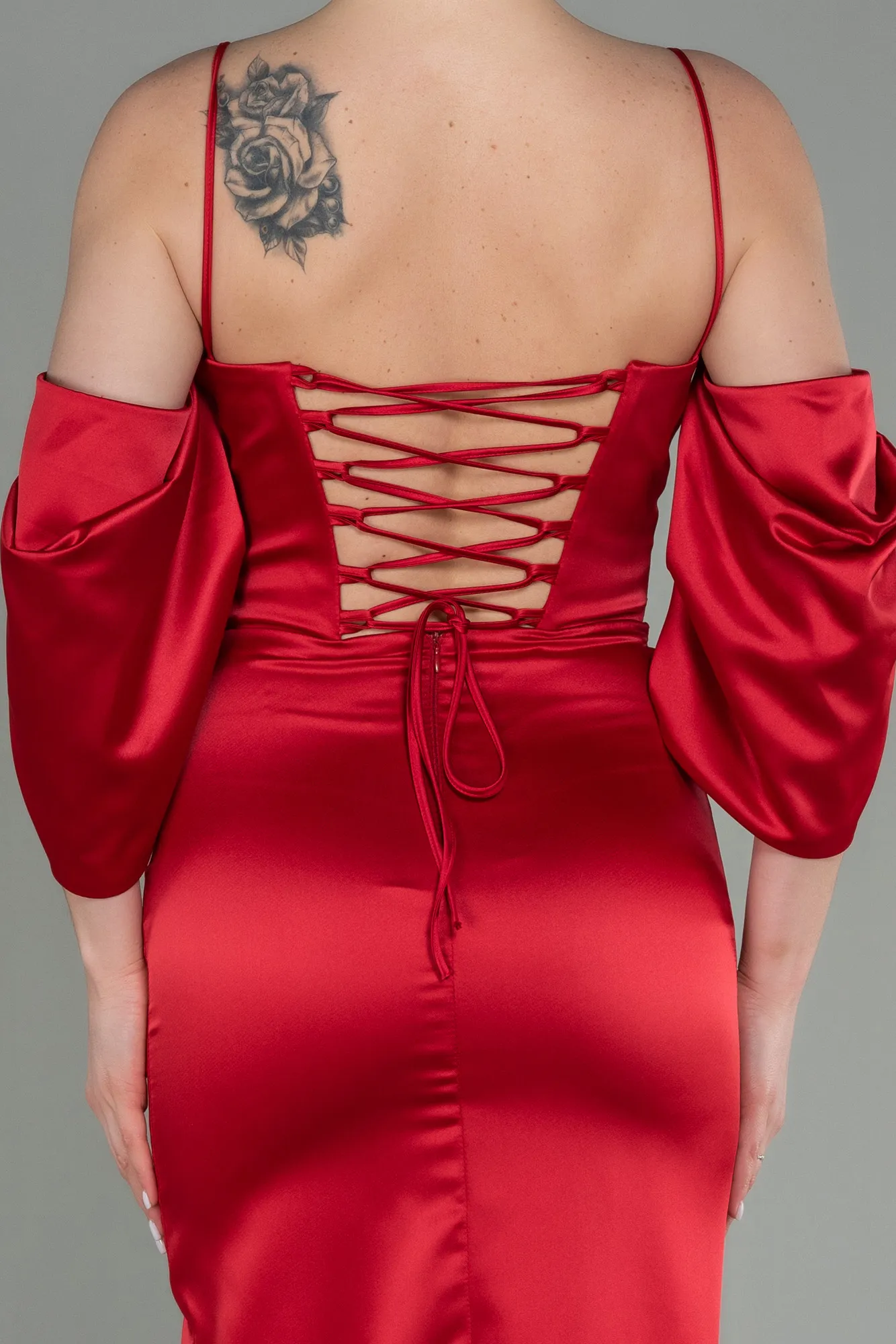 Red-Midi Satin Invitation Dress ABK1676