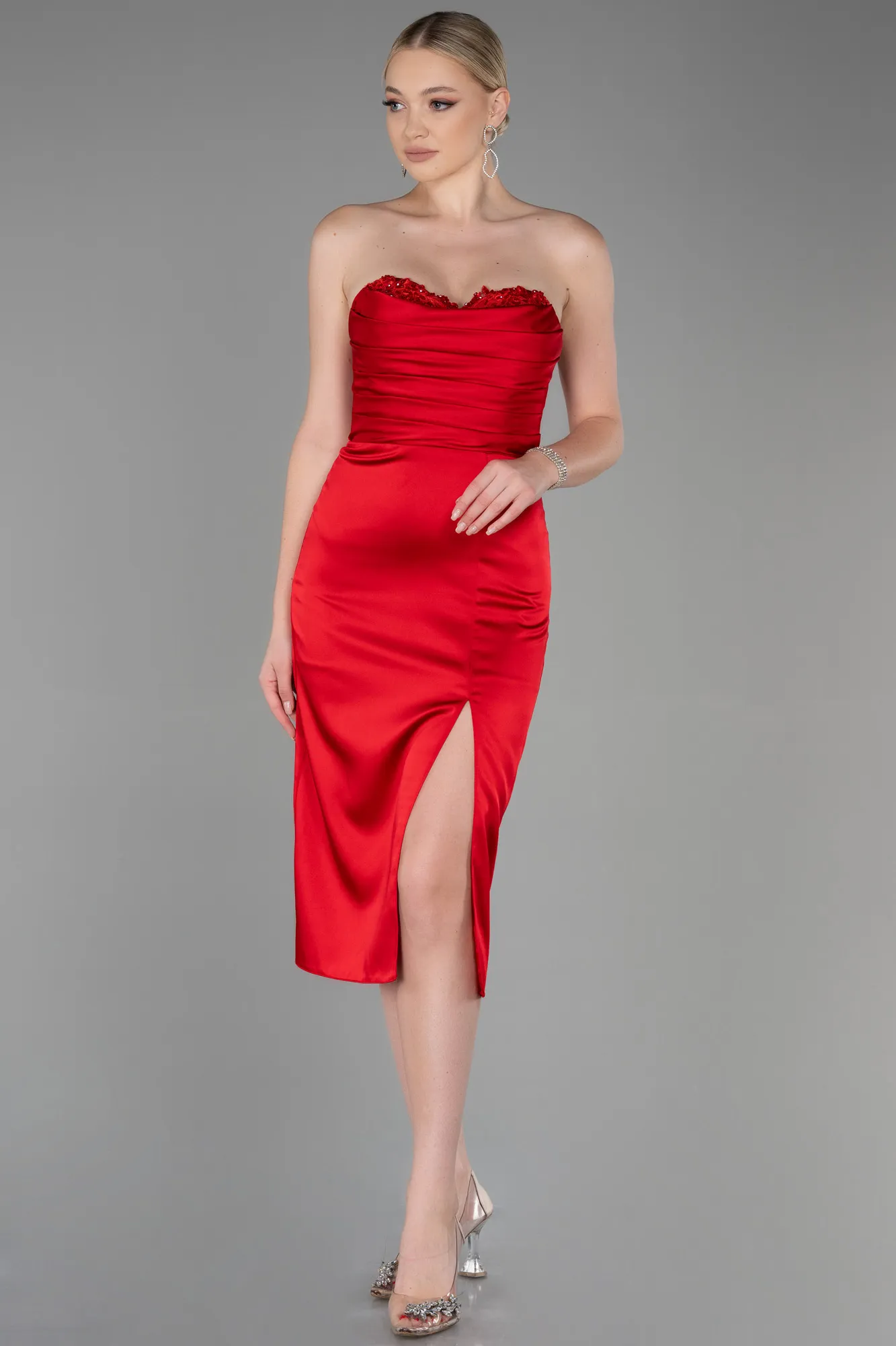 Red-Midi Satin Invitation Dress ABK1845