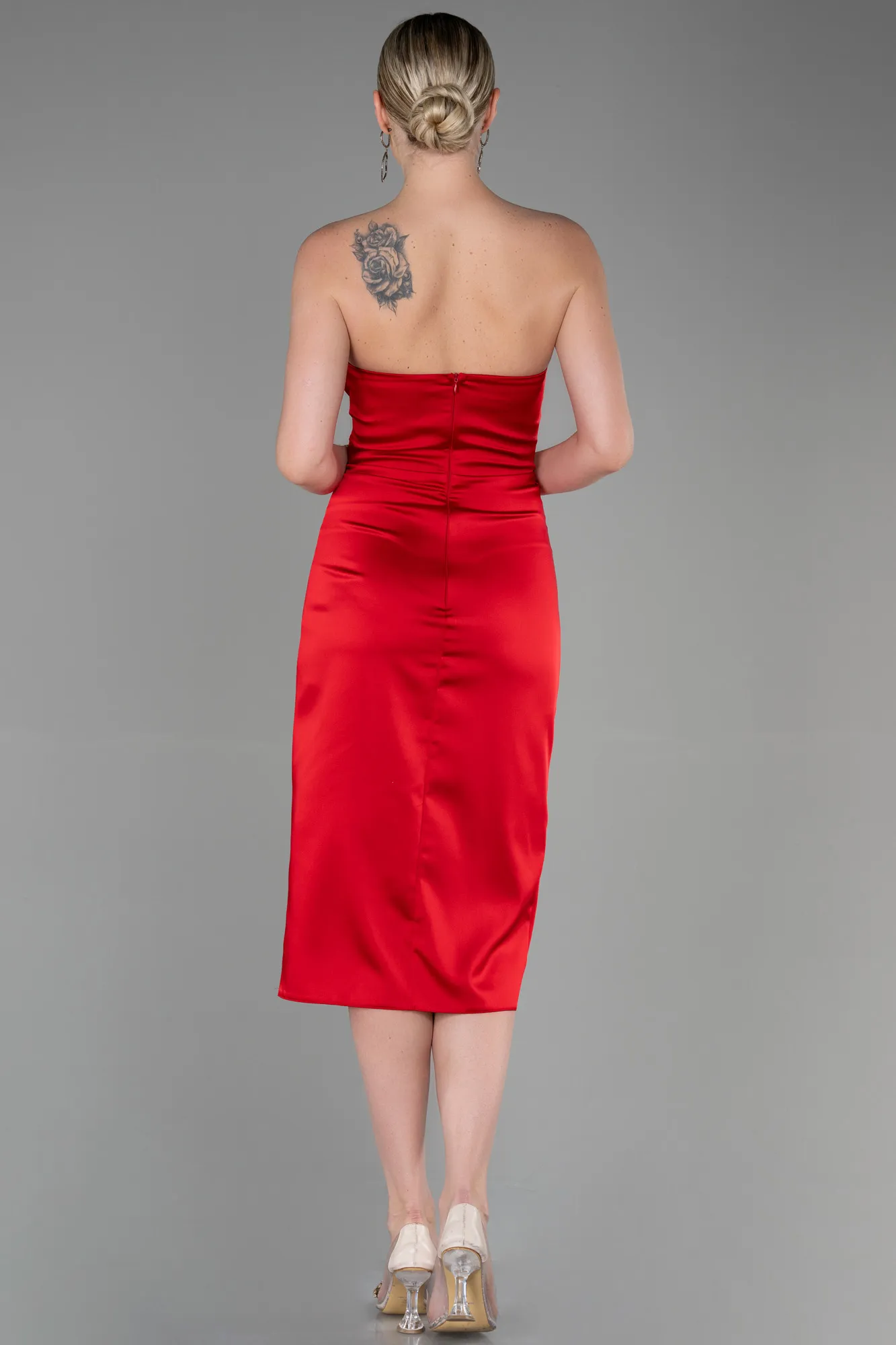 Red-Midi Satin Invitation Dress ABK1845