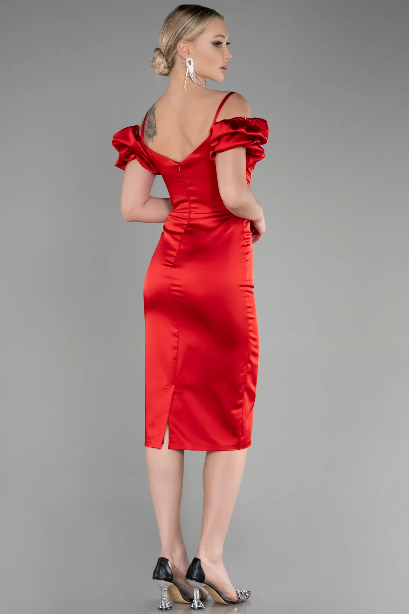Red-Midi Satin Invitation Dress ABK1922
