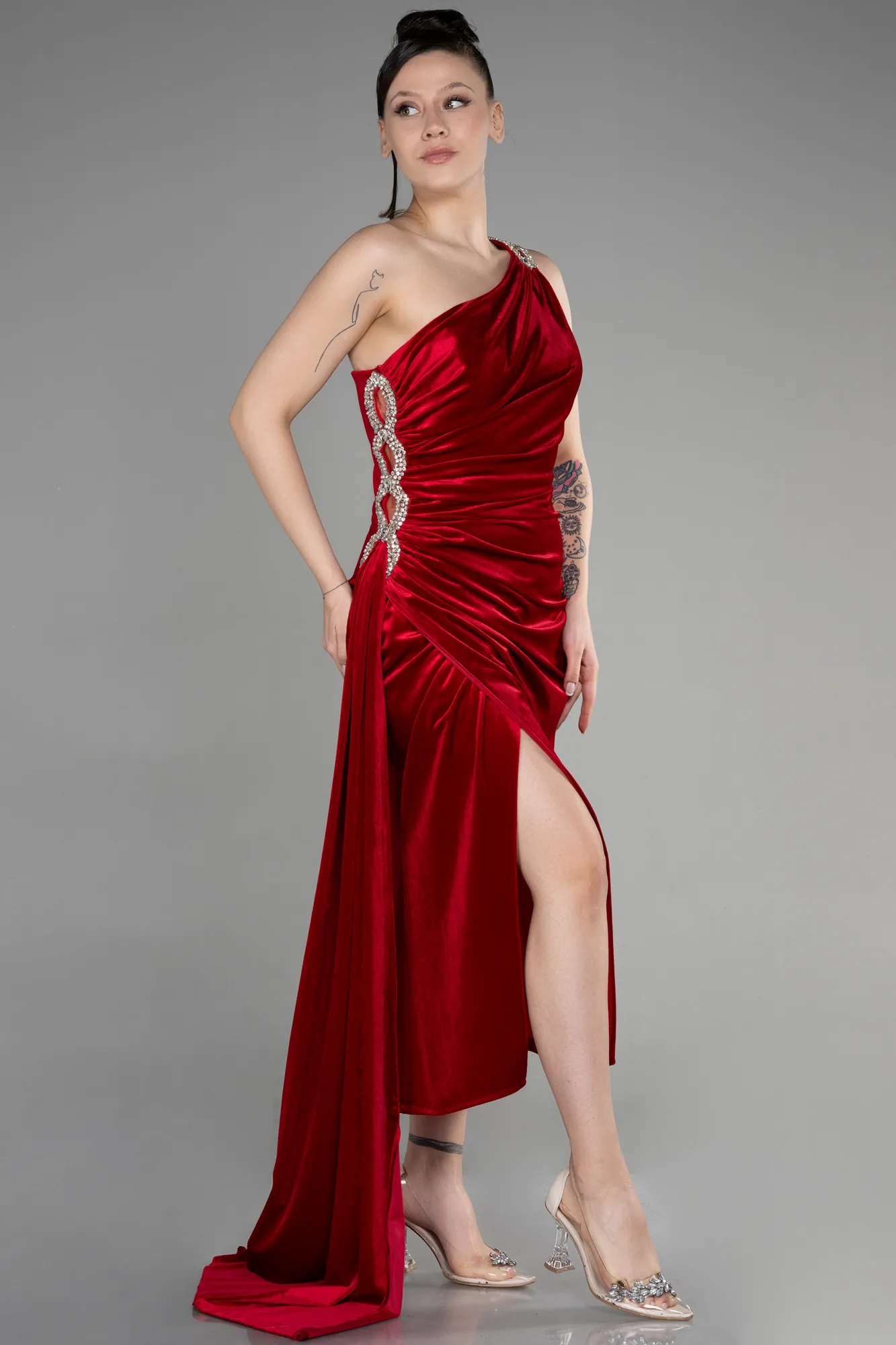 Red-Midi Velvet Evening Dress ABK1972