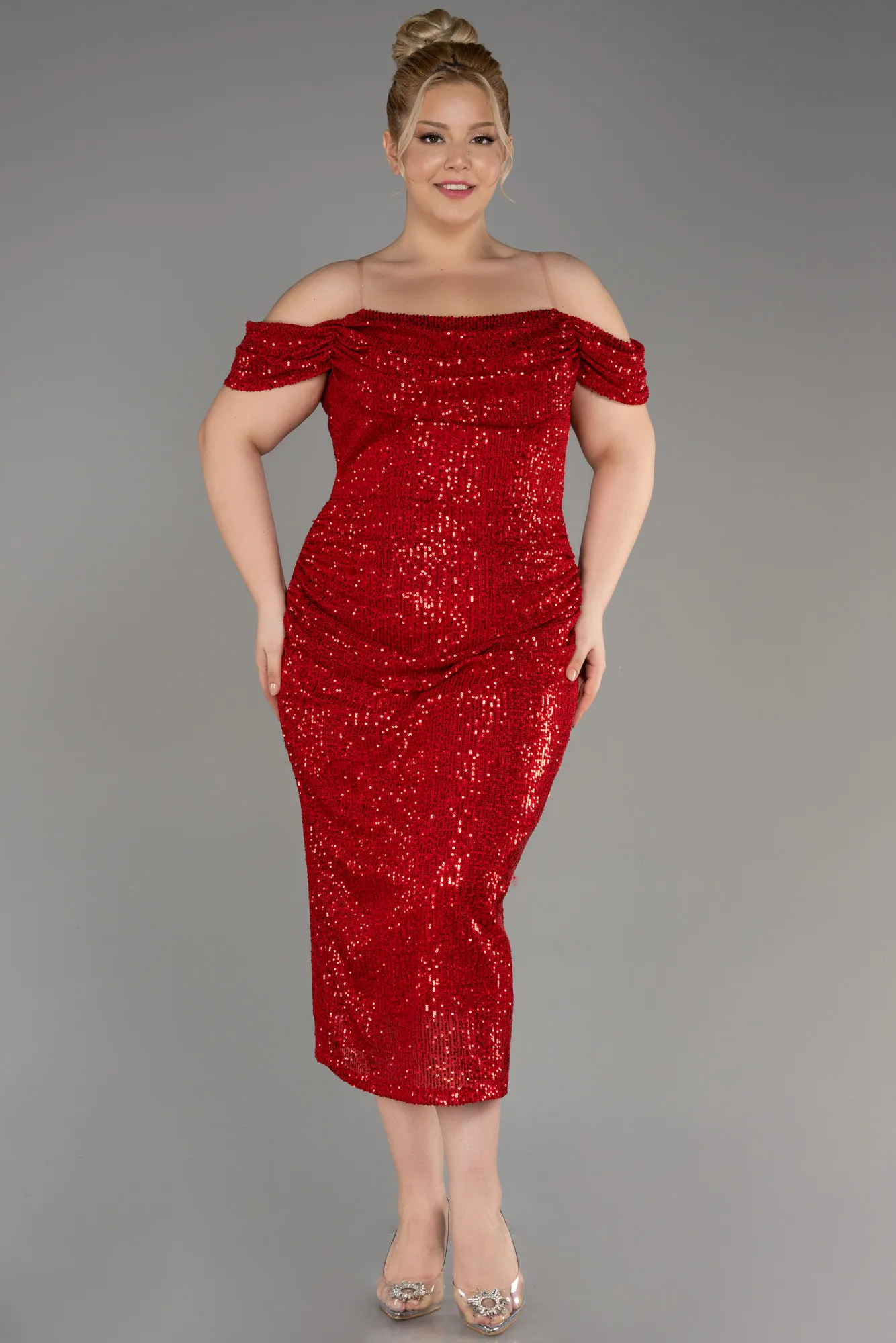 Red-Off Shoulder Midi Sequined Plus Size Evening Dress ABK2056