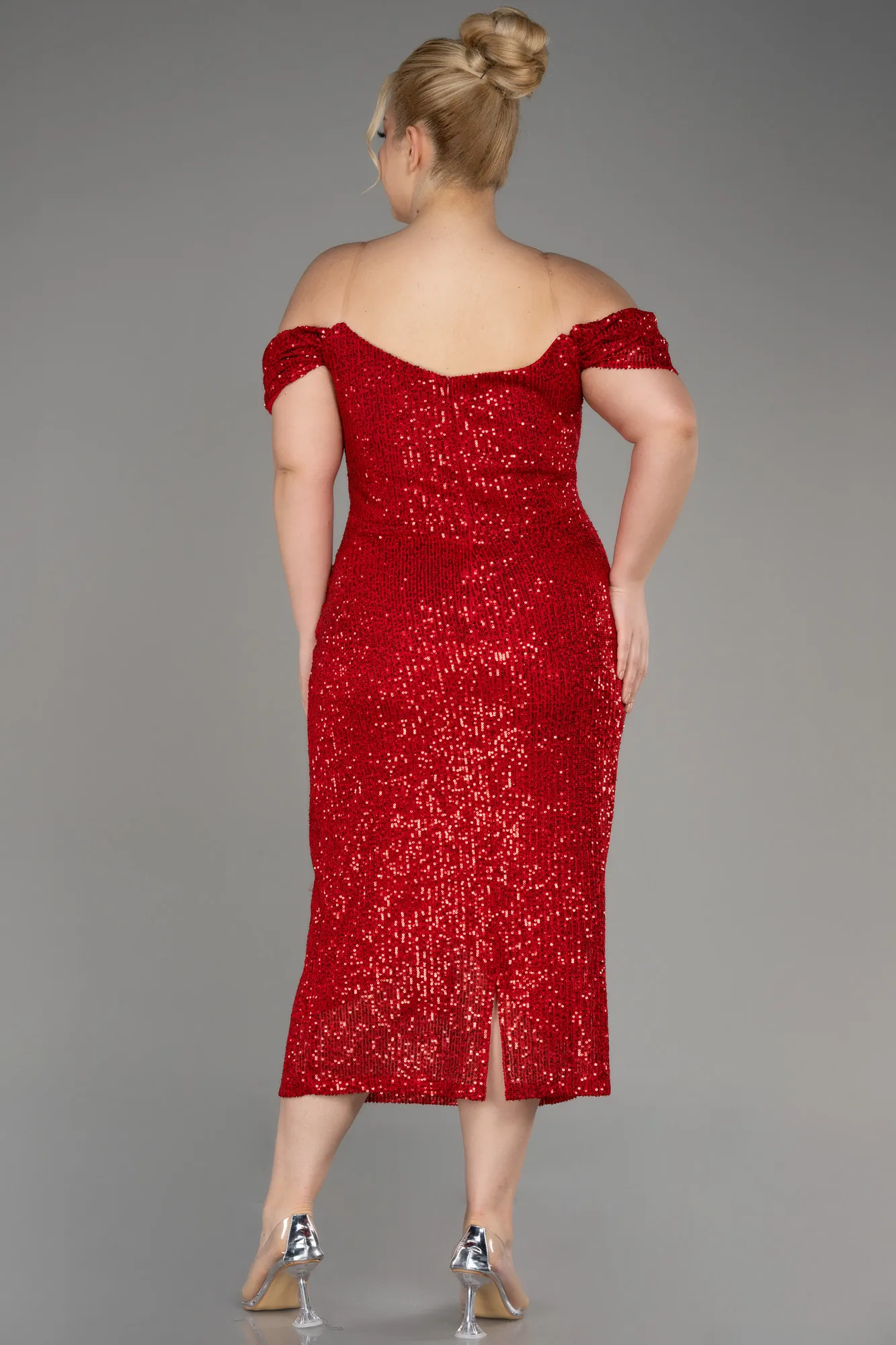 Red-Off Shoulder Midi Sequined Plus Size Evening Dress ABK2056